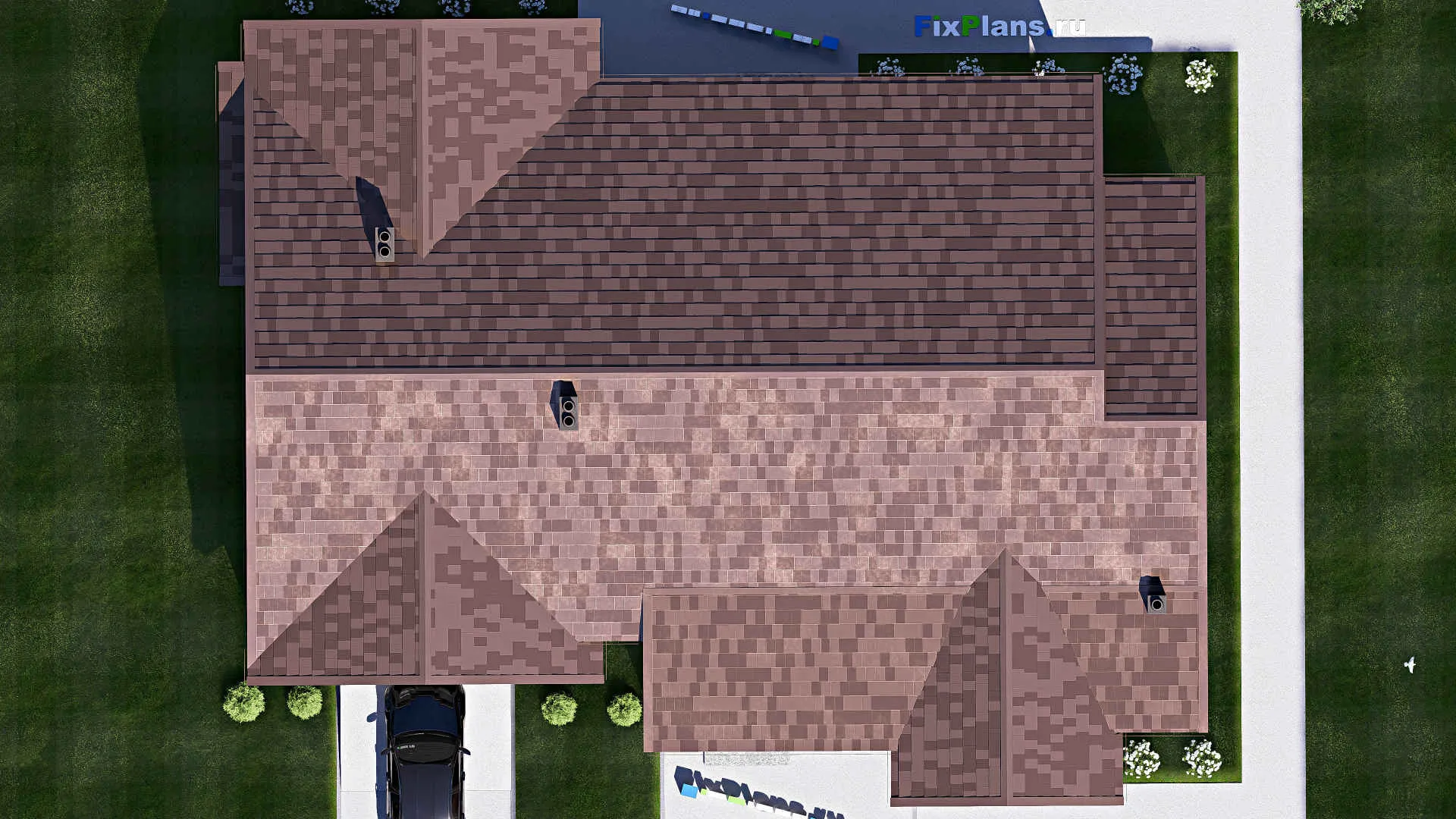 F-17117 - Проект одноэтажного дома 18 на 23, площадью 270 м² с террасой, гаражом на 2 машины и 4 спальнями