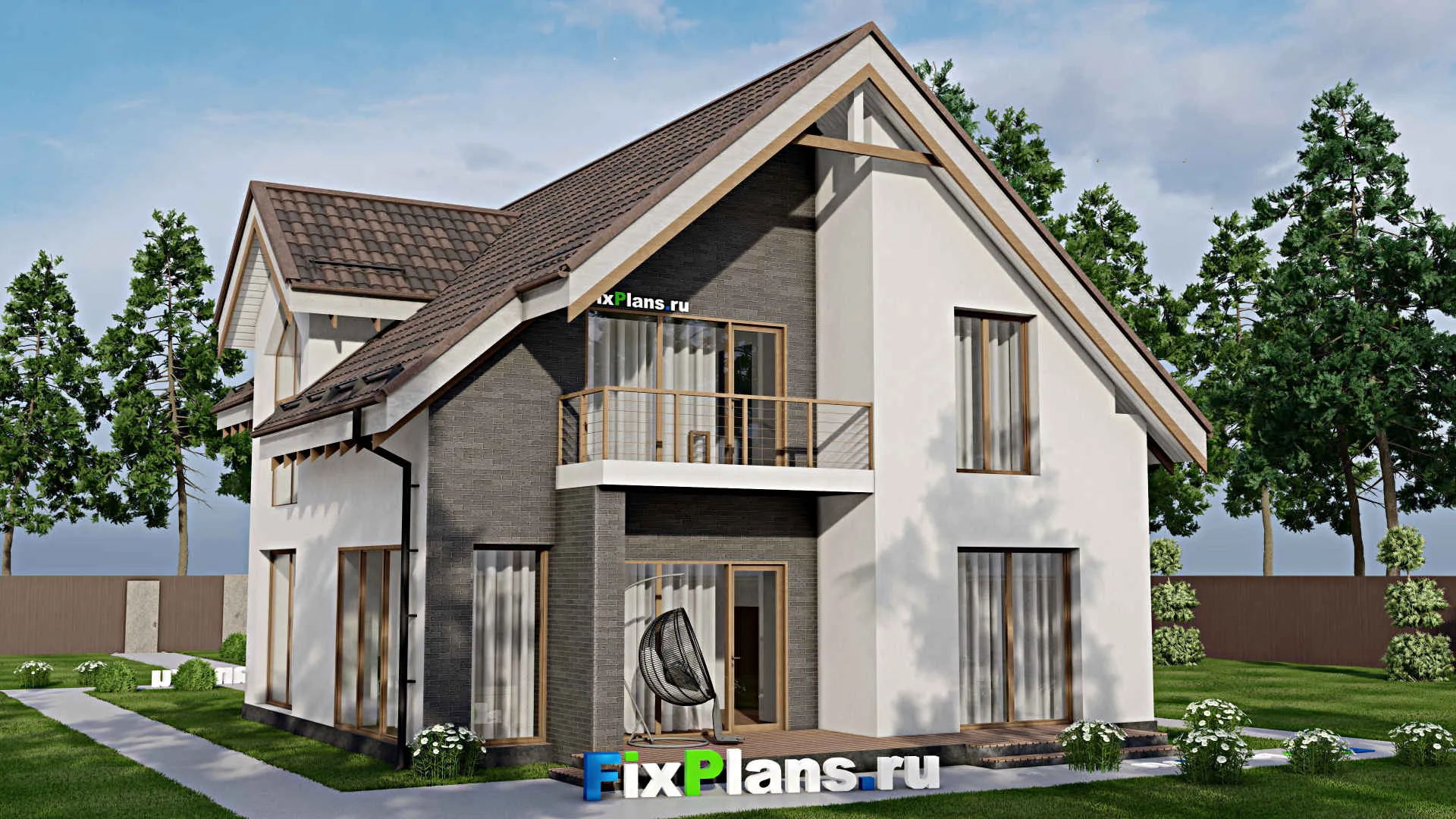 F-5732 - Планы дома с мансардой 11 на 20, площадью 240 м² с террасой, балконом, гаражом на 1 машину и 3 спальнями