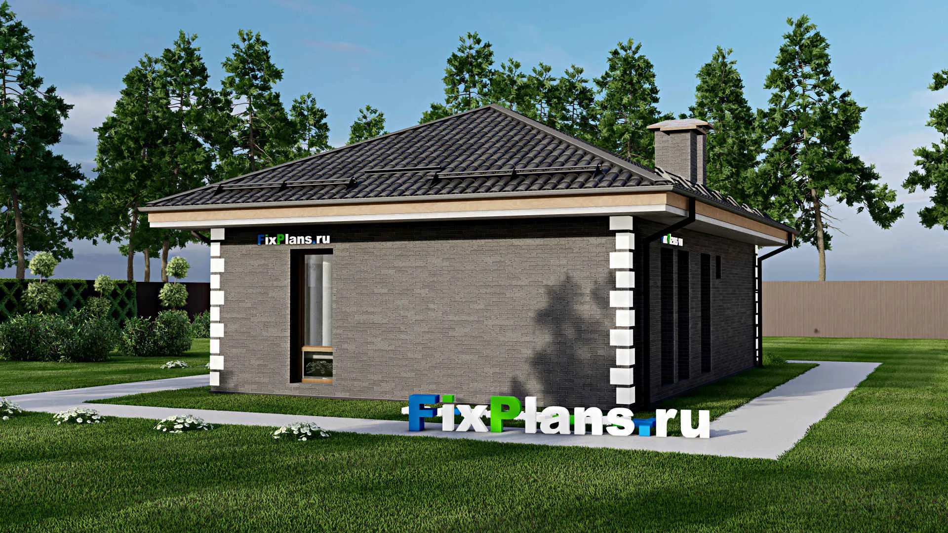 F-5570 - Проект одноэтажного дома 8 на 12, площадью 70 м² с террасой и 3 спальнями