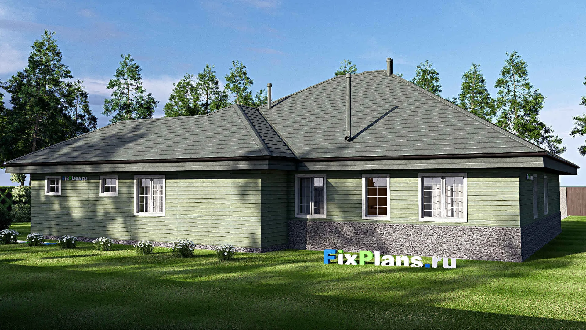 F-20330 - Проект одноэтажного дома 19 на 22, площадью 240 м² с гаражом на 2 машины и 2 спальнями