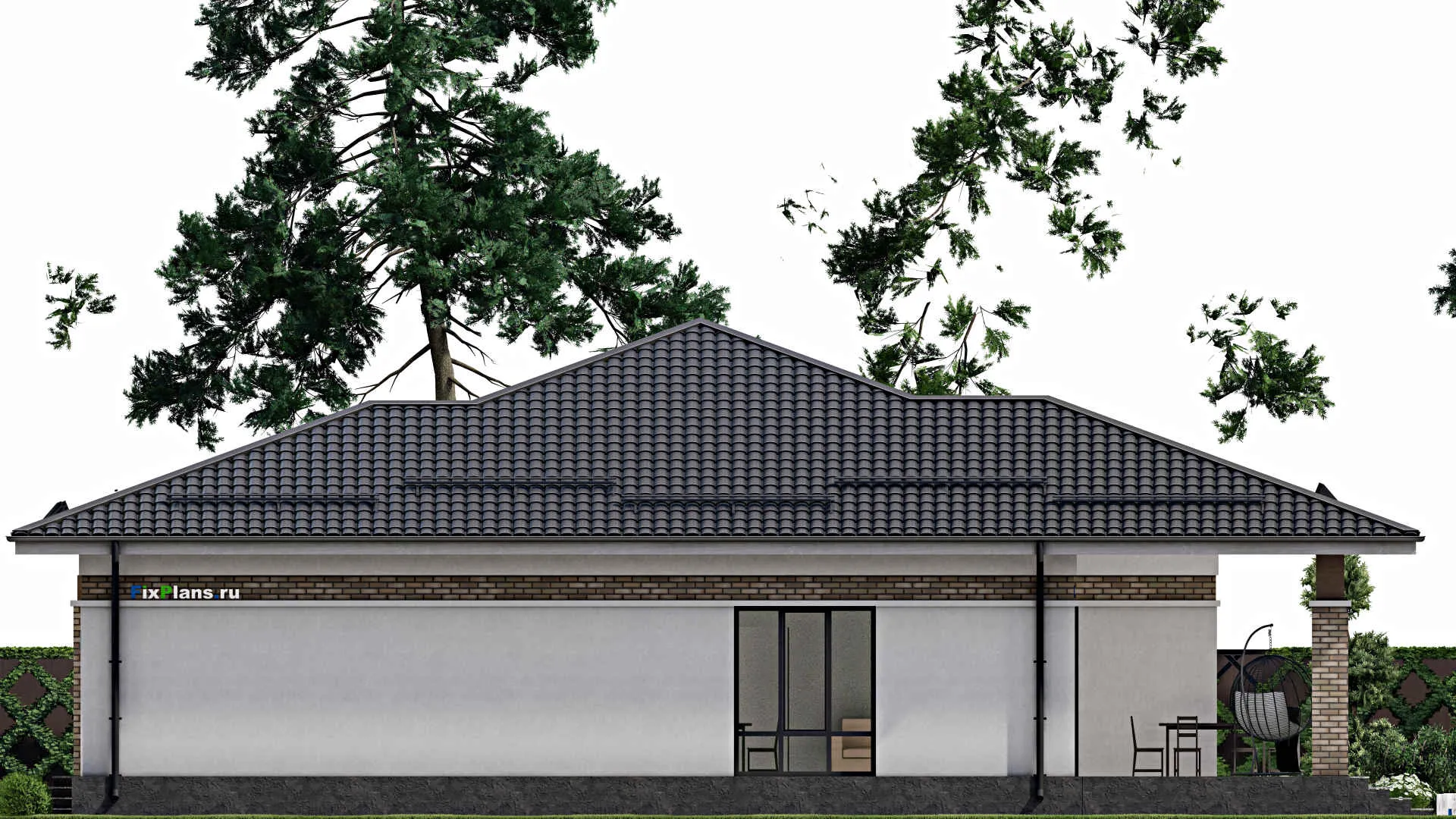 F-1925 - Проект одноэтажного дома 17 на 17, площадью 230 м² с террасой и 4 спальнями