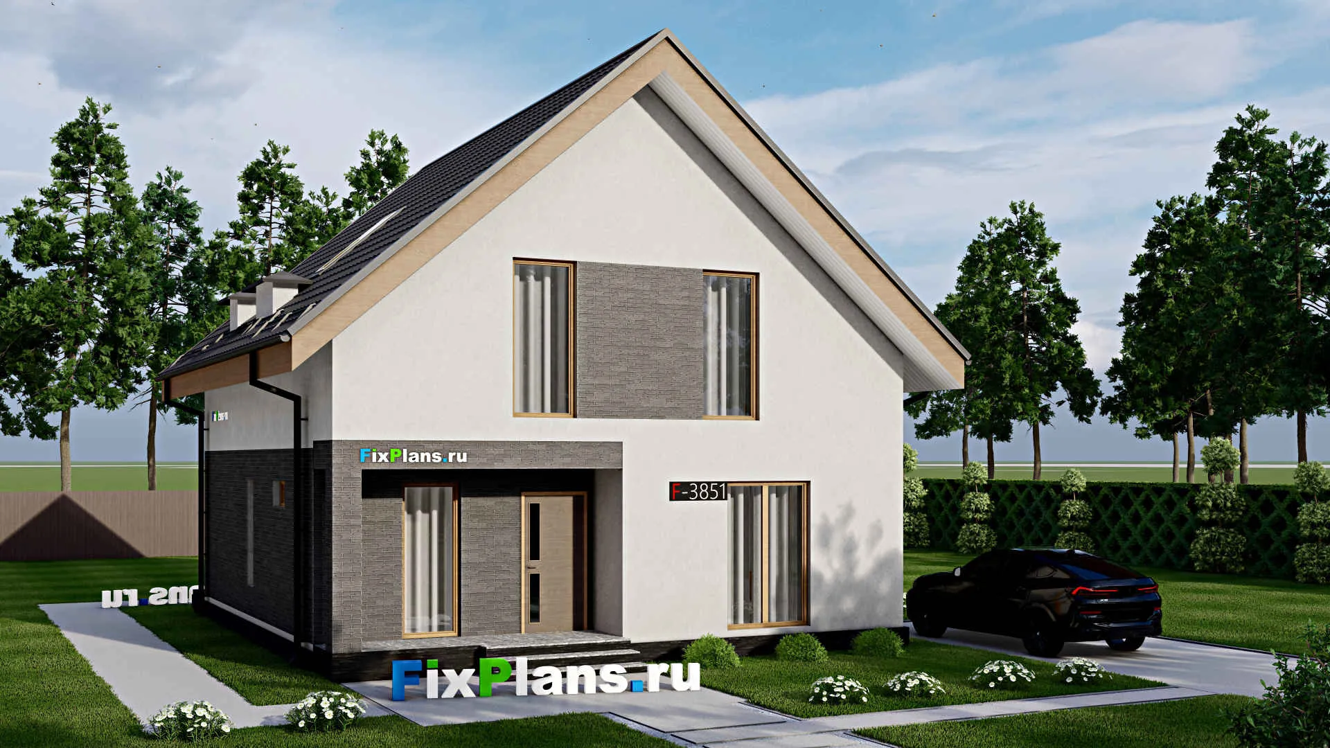 F-3851 - Проект дома с мансардой 10 на 10, площадью 180 м² с террасой, балконом и 4 спальнями