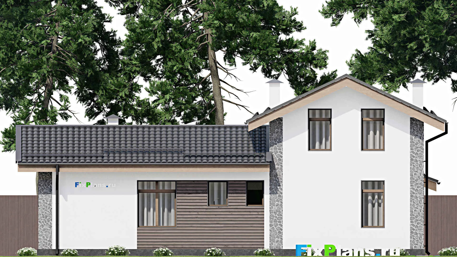 F-5084 - Планы дома с мансардой 10 на 15, площадью 170 м² с террасой, баней и 2 спальнями