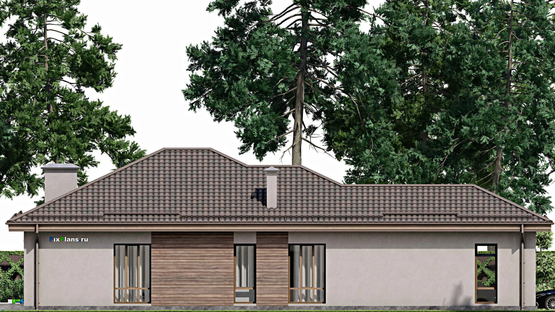 F-8216 - Проект одноэтажного дома 12 на 21, площадью 150 м² с гаражом на 1 машину и 3 спальнями