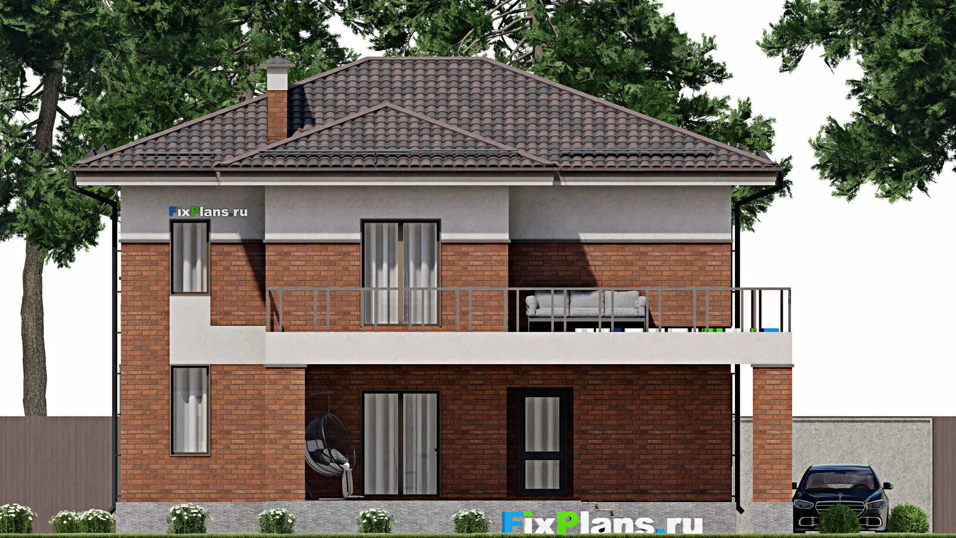 F-7109 - Планы двухэтажного дома 14 на 16, площадью 270 м² с террасой, балконом и 6 спальнями