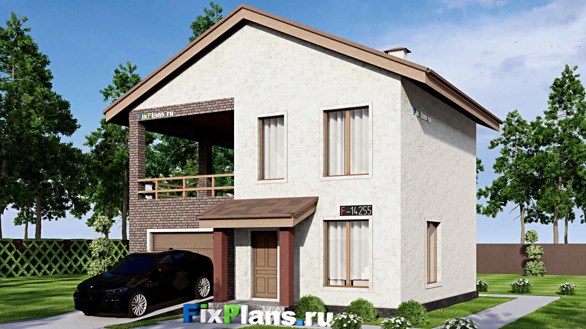 F-14255 - Проект двухэтажного дома 10 на 10, площадью 140 м² с балконом, баней, гаражом на 1 машину и 2 спальнями