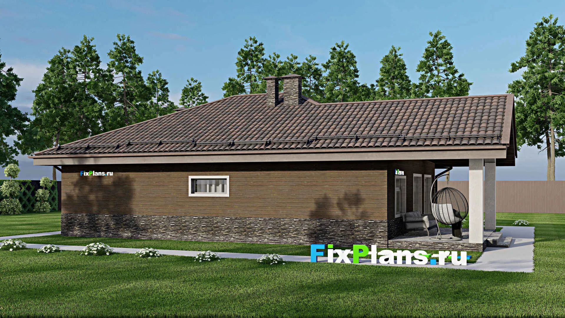 F-6938 - Проект одноэтажного дома 12 на 17, площадью 140 м² с террасой, баней и 3 спальнями