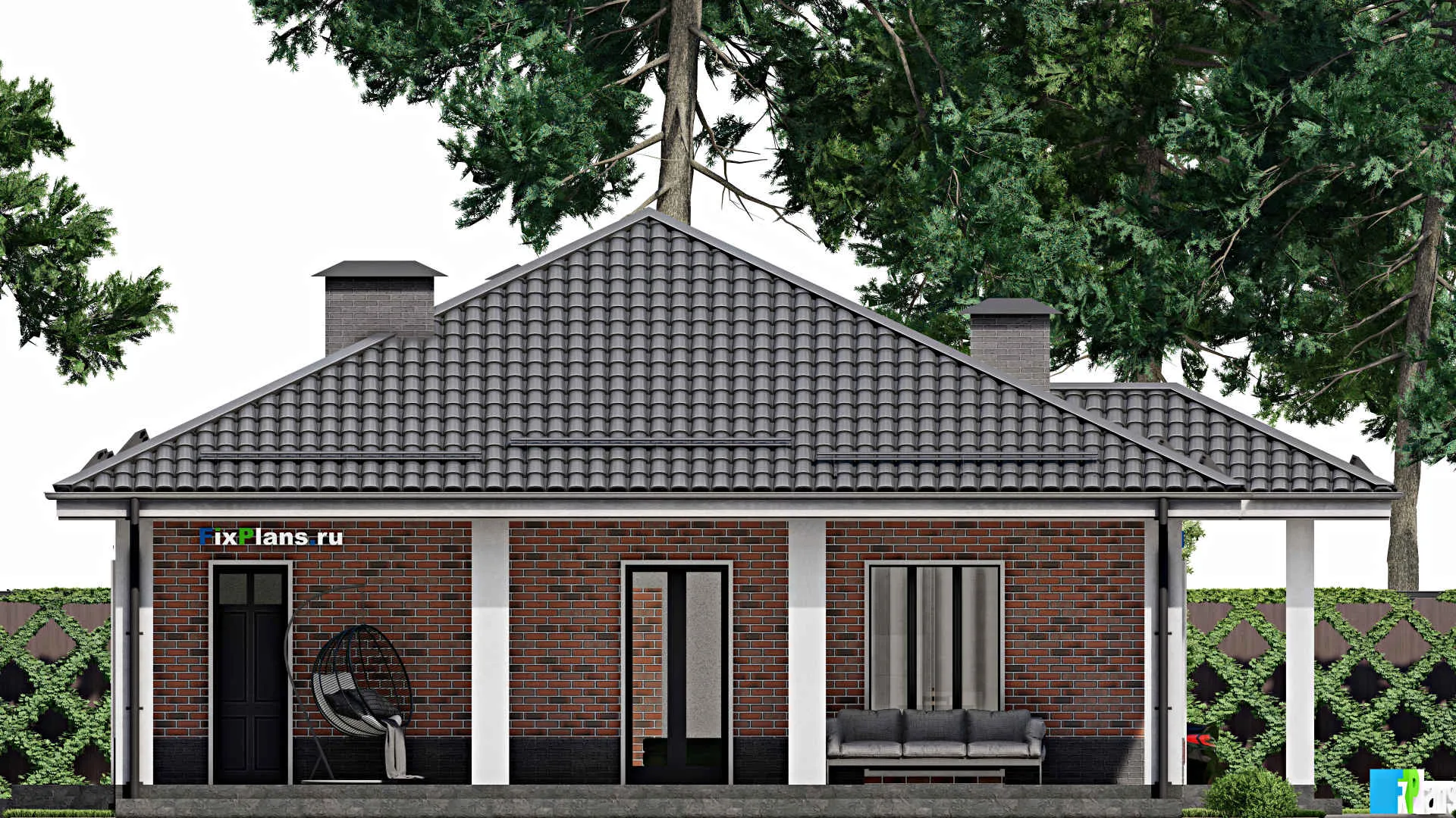 F-5444 - План одноэтажного дома 12 на 13, площадью 140 м² с террасой и 2 спальнями