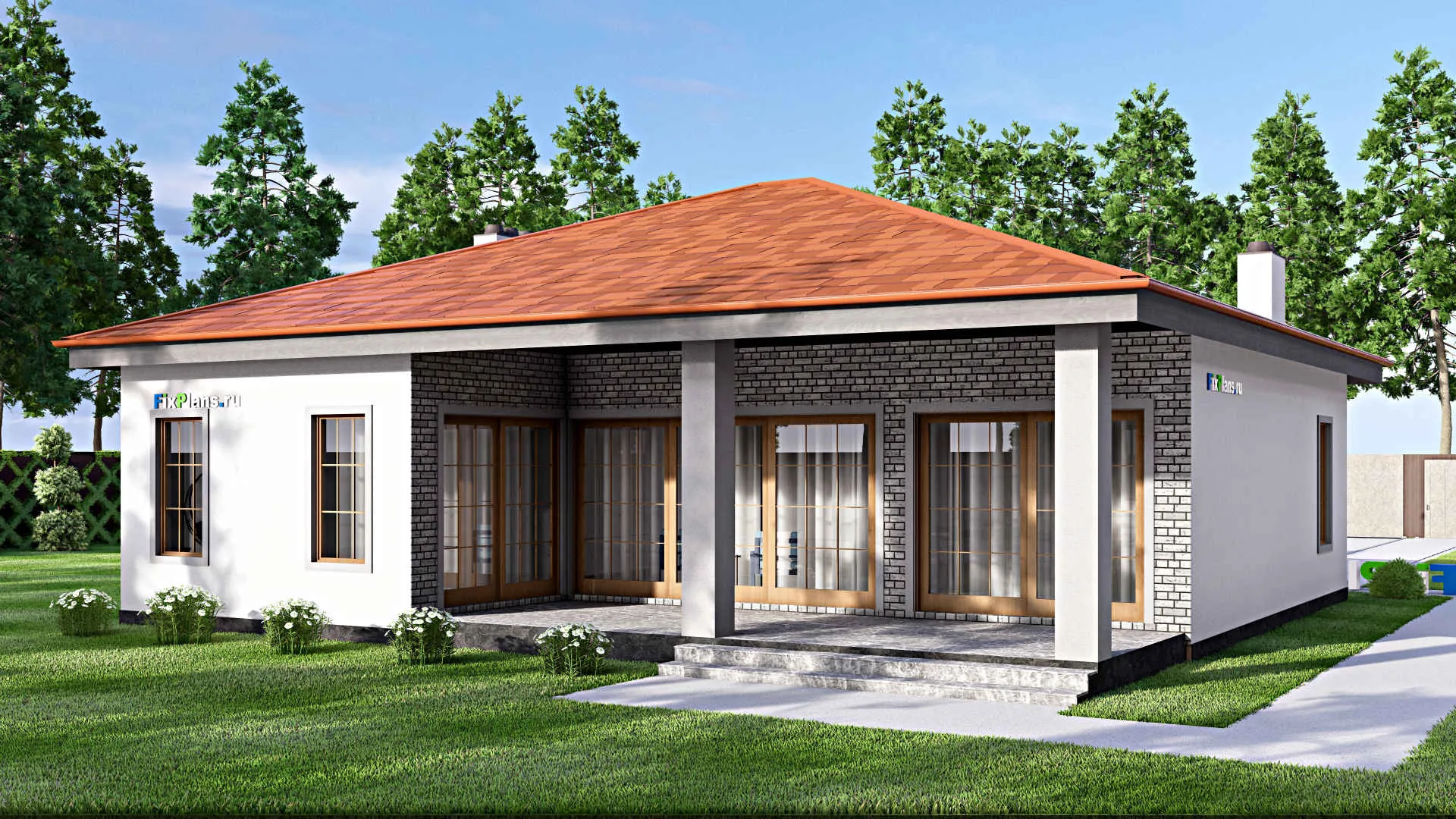 F-16865 - Проект одноэтажного дома 13 на 20, площадью 170 м² с террасой, гаражом на 2 машины и 2 спальнями