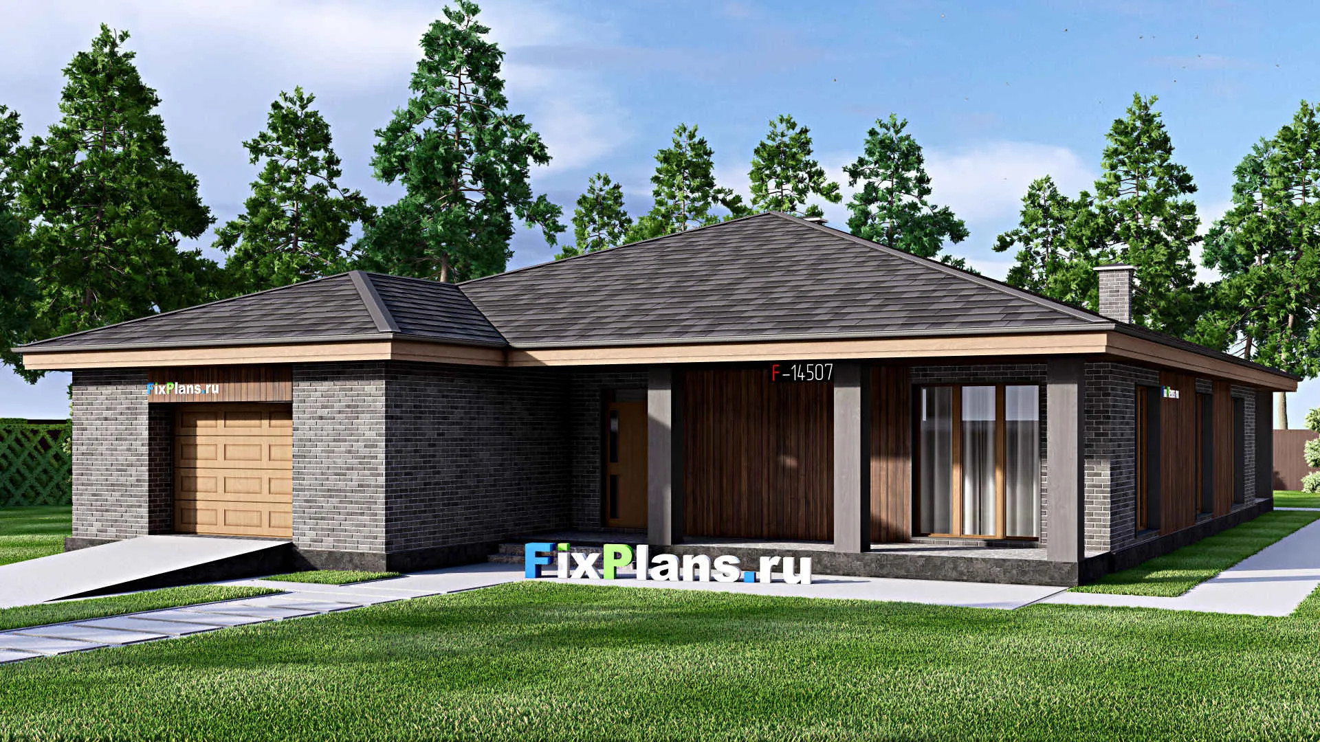 F-14507 - Проект одноэтажного дома 16 на 25, площадью 300 м² с террасой, гаражом на 2 машины и 4 спальнями