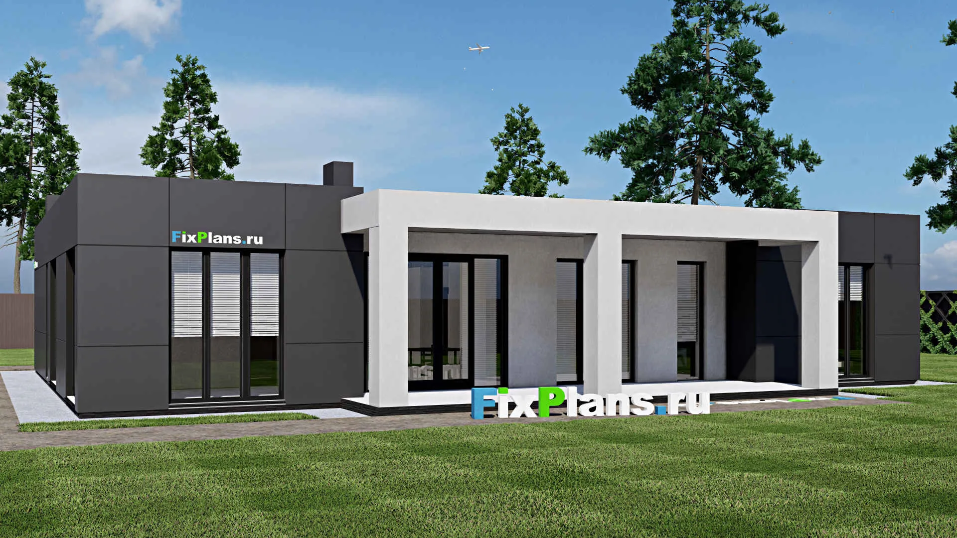 F-1079 - План одноэтажного дома 14 на 19, площадью 220 м² с террасой, гаражом на 1 машину и 3 спальнями