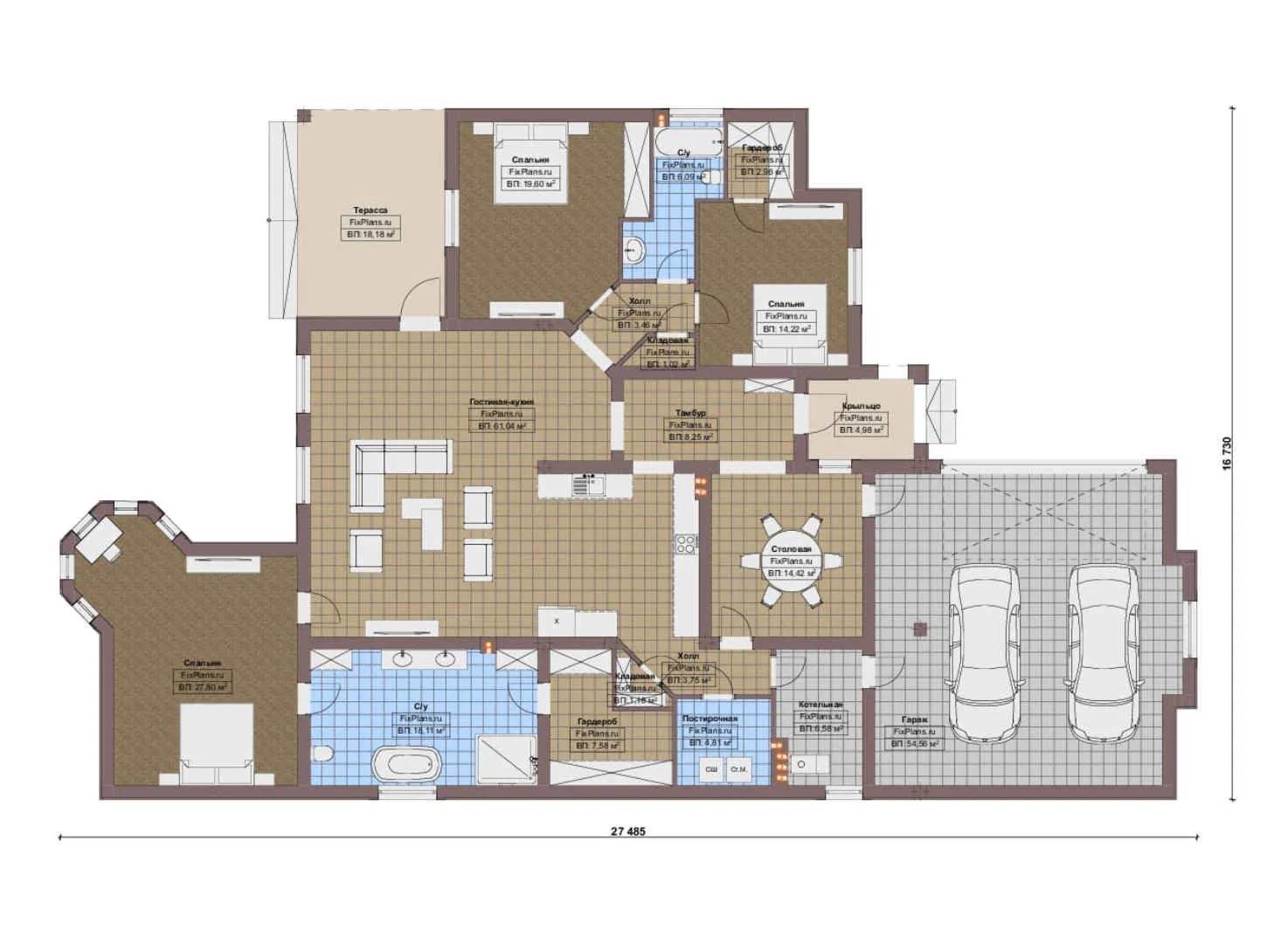F-17189 - План одноэтажного дома 17 на 28, площадью 280 м² с террасой, гаражом на 2 машины и 3 спальнями