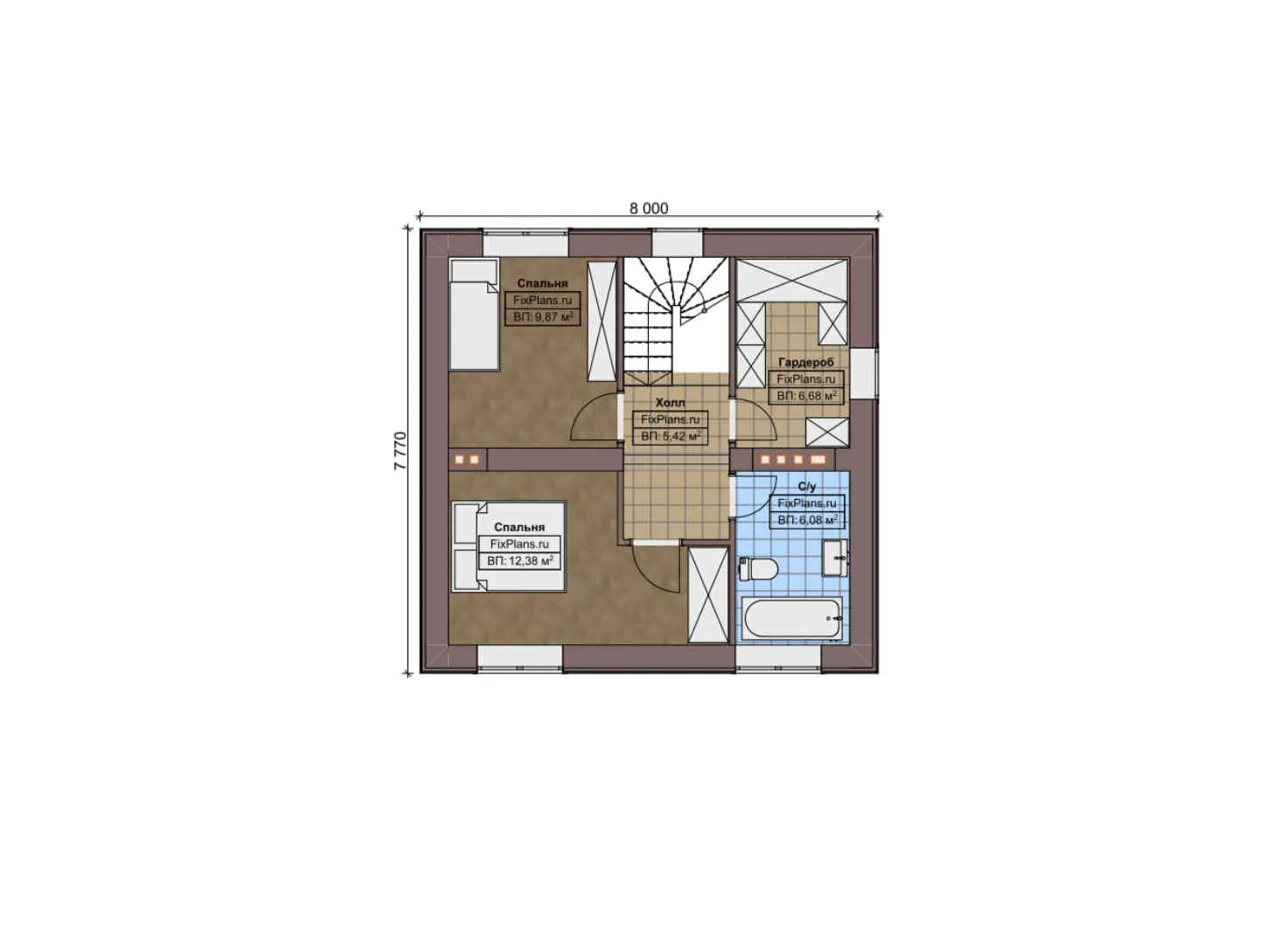 F-5831 - Планы двухэтажного дома 8 на 8, площадью 120 м² с террасой и 2 спальнями