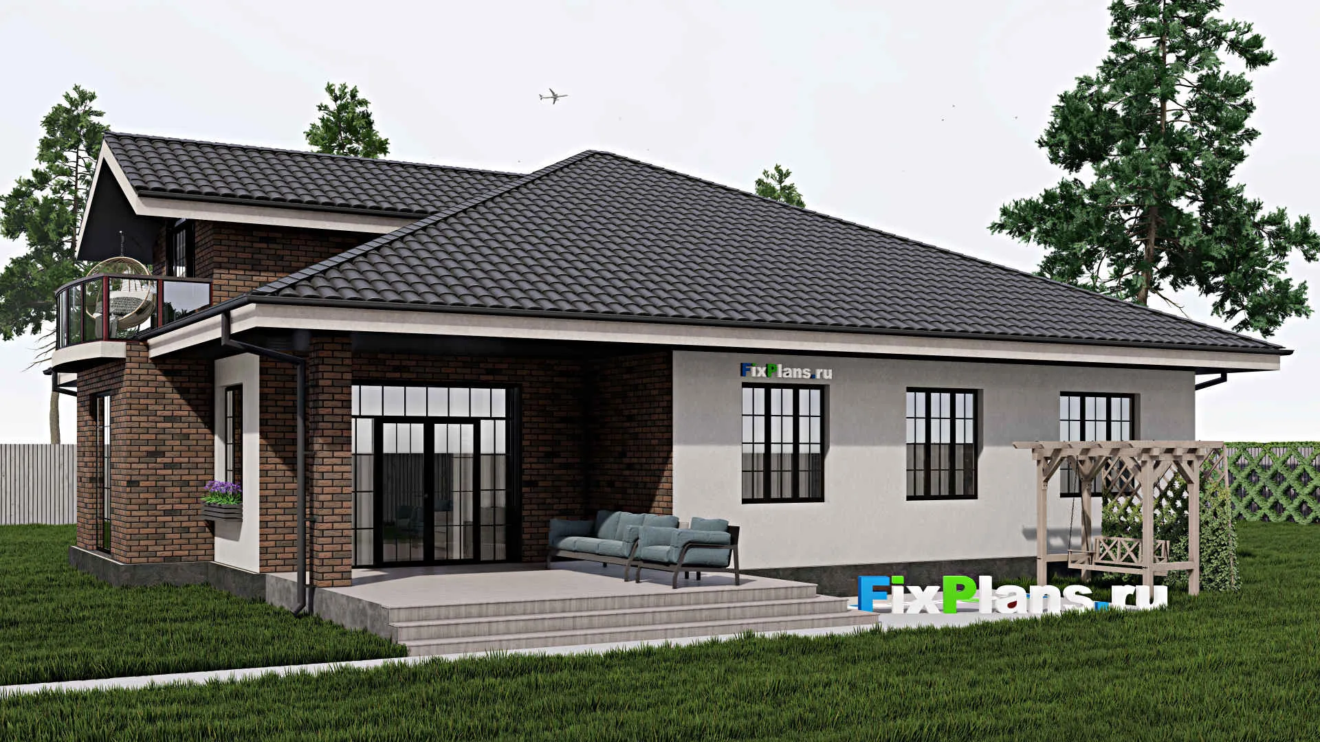 F-0413 - Планы дома с мансардой 15 на 17, площадью 250 м² с террасой, балконом, гаражом на 1 машину и 4 спальнями