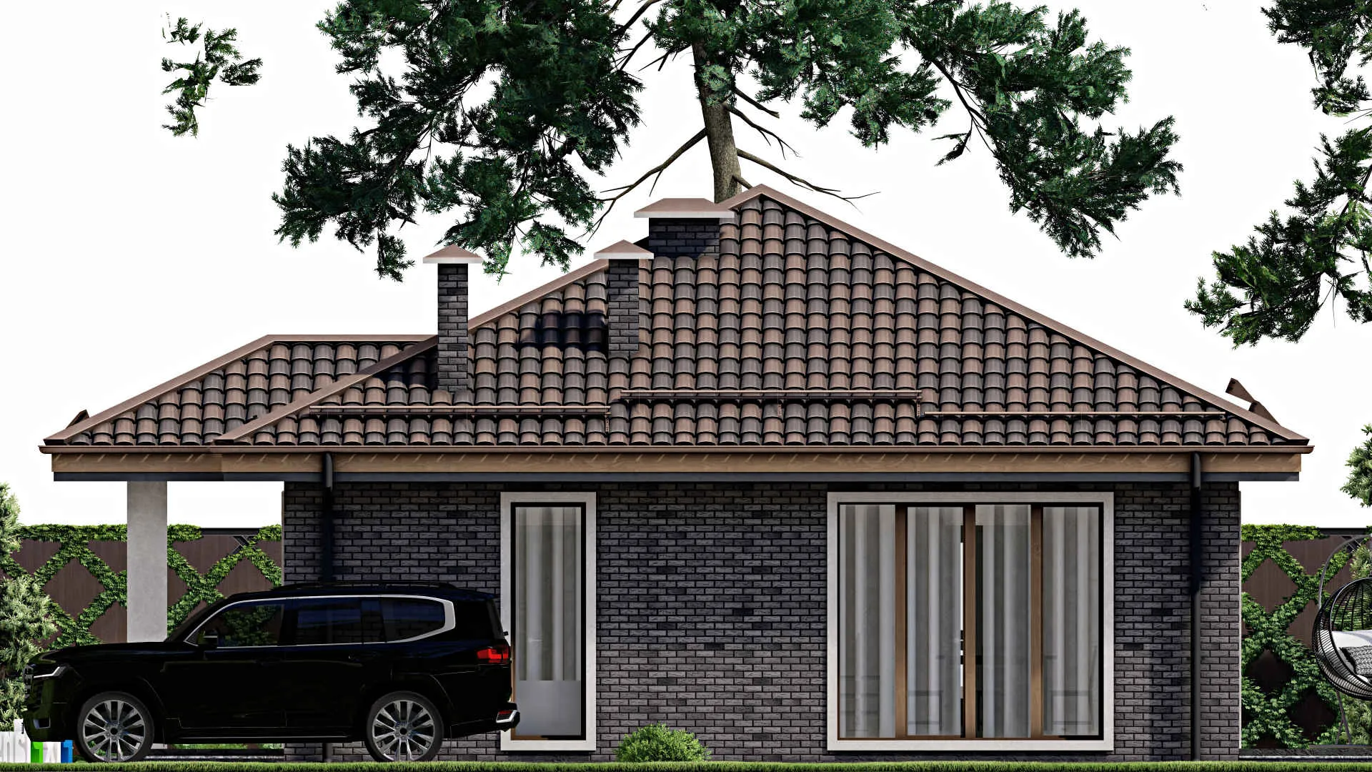 F-9890 - Проект одноэтажного дома 10 на 14, площадью 90 м² с террасой и 3 спальнями