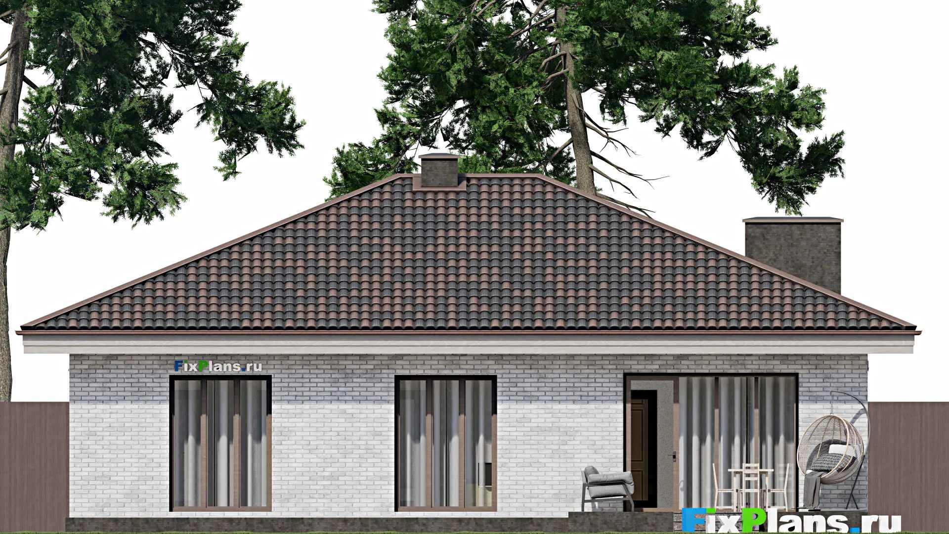 F-1232 - План одноэтажного дома 12 на 14, площадью 150 м² с террасой и 3 спальнями