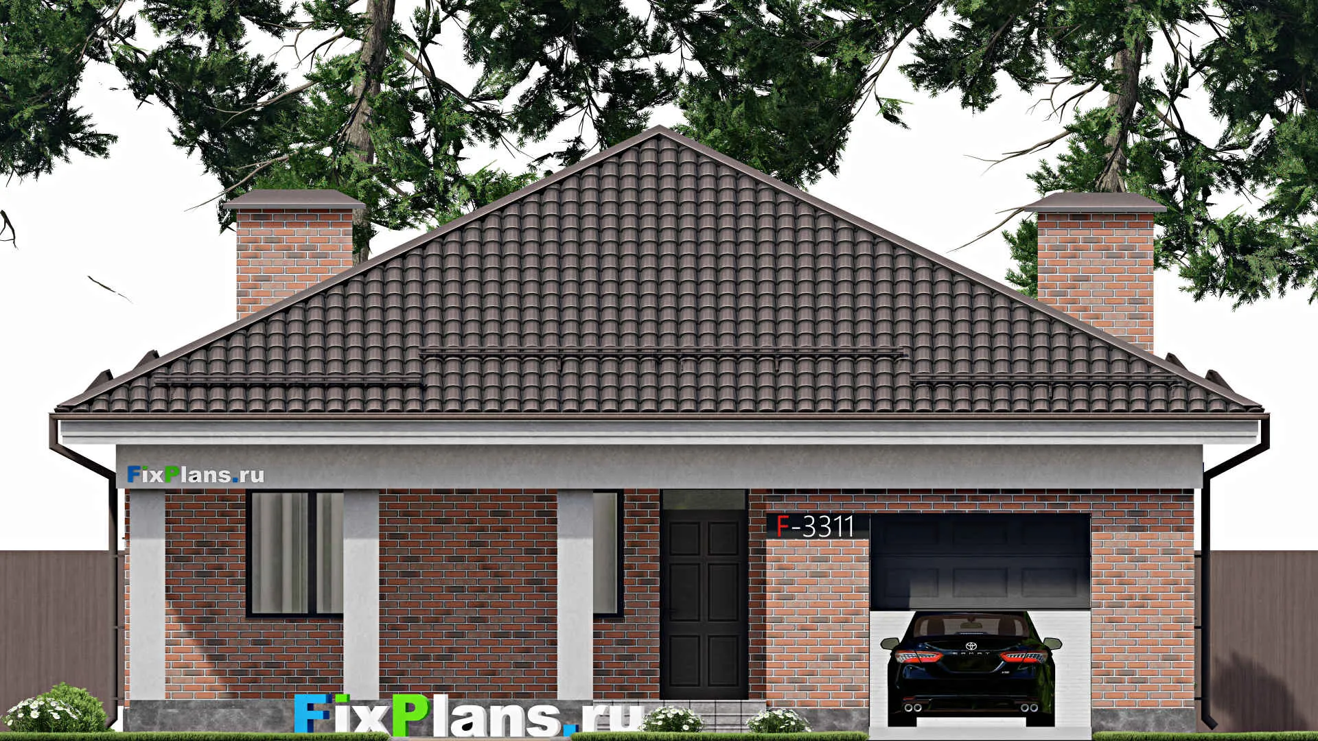 F-3311 - План одноэтажного дома 12 на 18, площадью 180 м² с террасой, гаражом на 1 машину и 3 спальнями