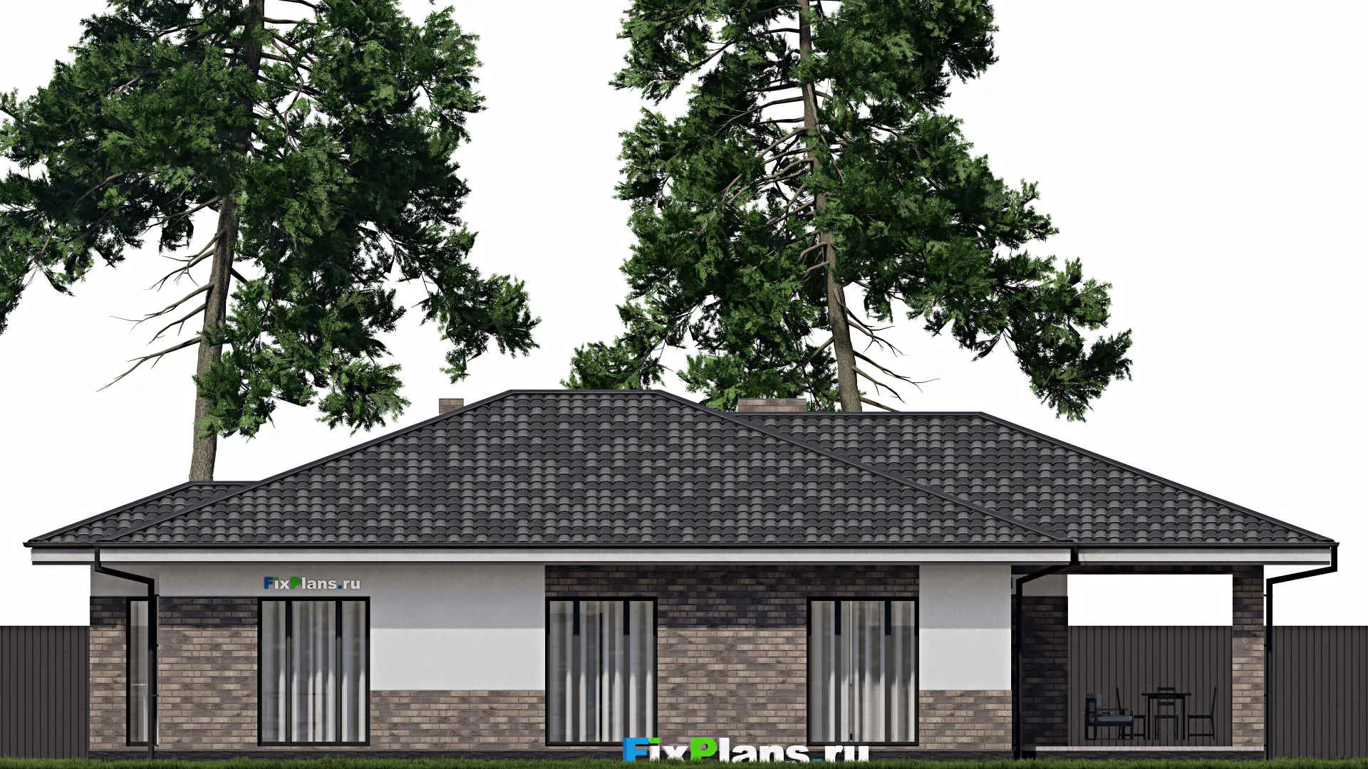 F-0737 - Проект одноэтажного дома 12 на 16, площадью 160 м² с террасой и 3 спальнями