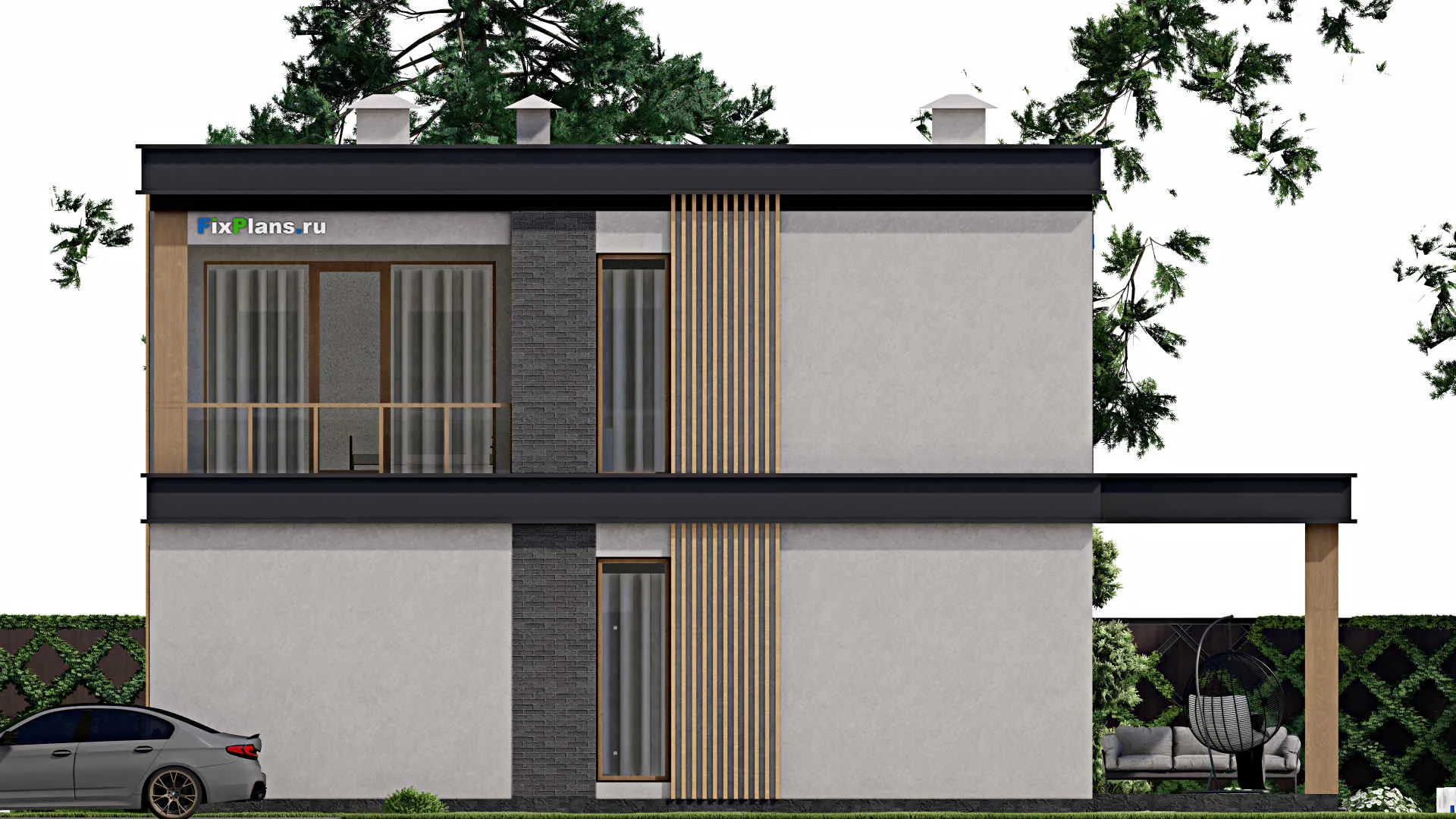 F-8666 - Планы двухэтажного дома 12 на 12, площадью 230 м² с террасой, балконом и 4 спальнями