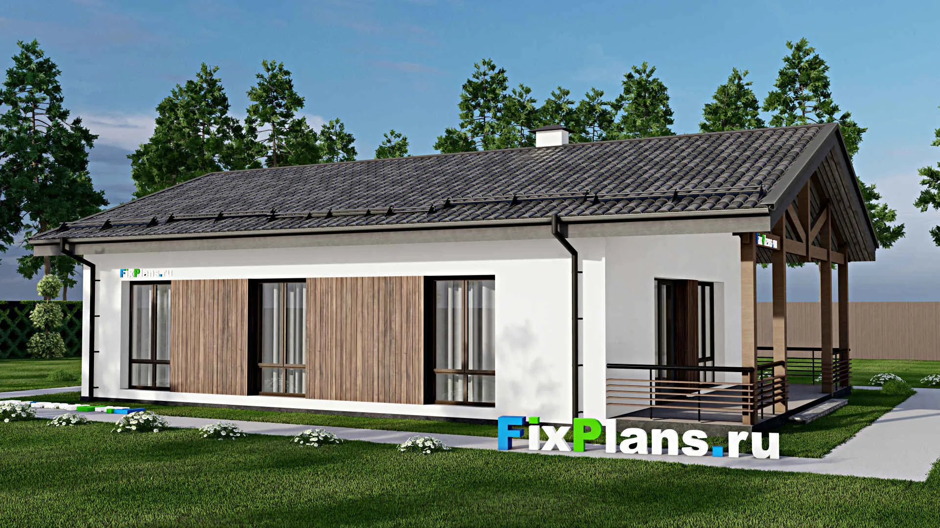 F-9620 - План одноэтажного дома 11 на 16, площадью 130 м² с террасой и 3 спальнями