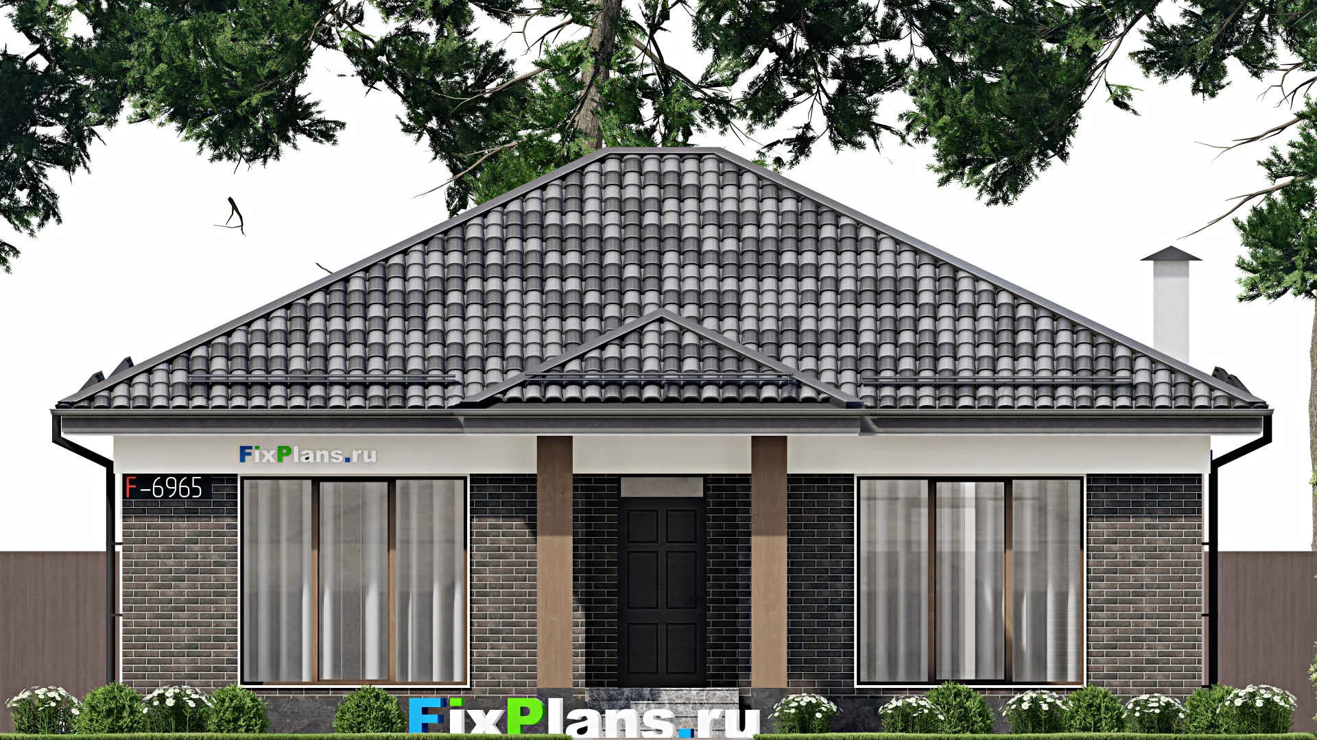 F-6965 - Проект одноэтажного дома 11 на 13, площадью 130 м² с террасой и 2 спальнями