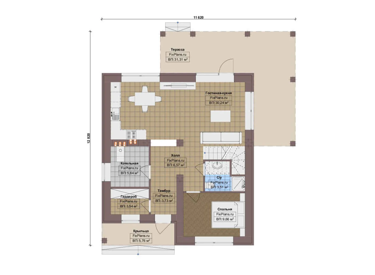 F-17414 - Планы двухэтажного дома 12 на 13, площадью 160 м² с террасой и 4 спальнями
