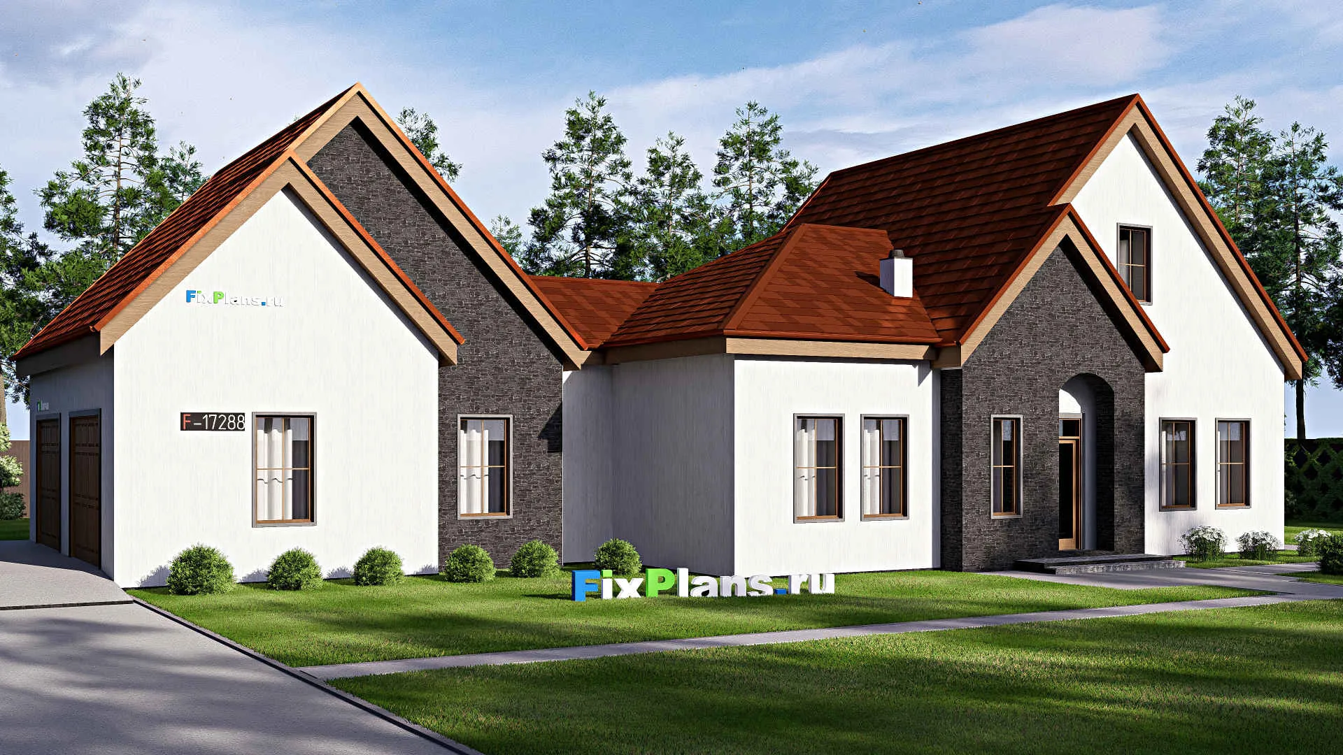 F-17288 - Проект дома с мансардой 15 на 23, площадью 260 м² с террасой, гаражом на 2 машины и 3 спальнями