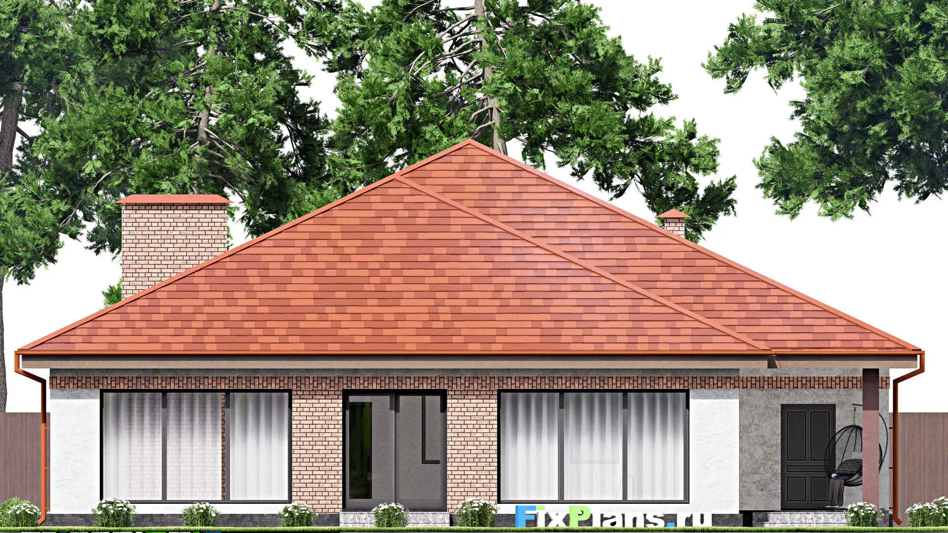 F-15425 - Проект одноэтажного дома 17 на 21, площадью 280 м² с террасой, баней, бассейном и 2 спальнями