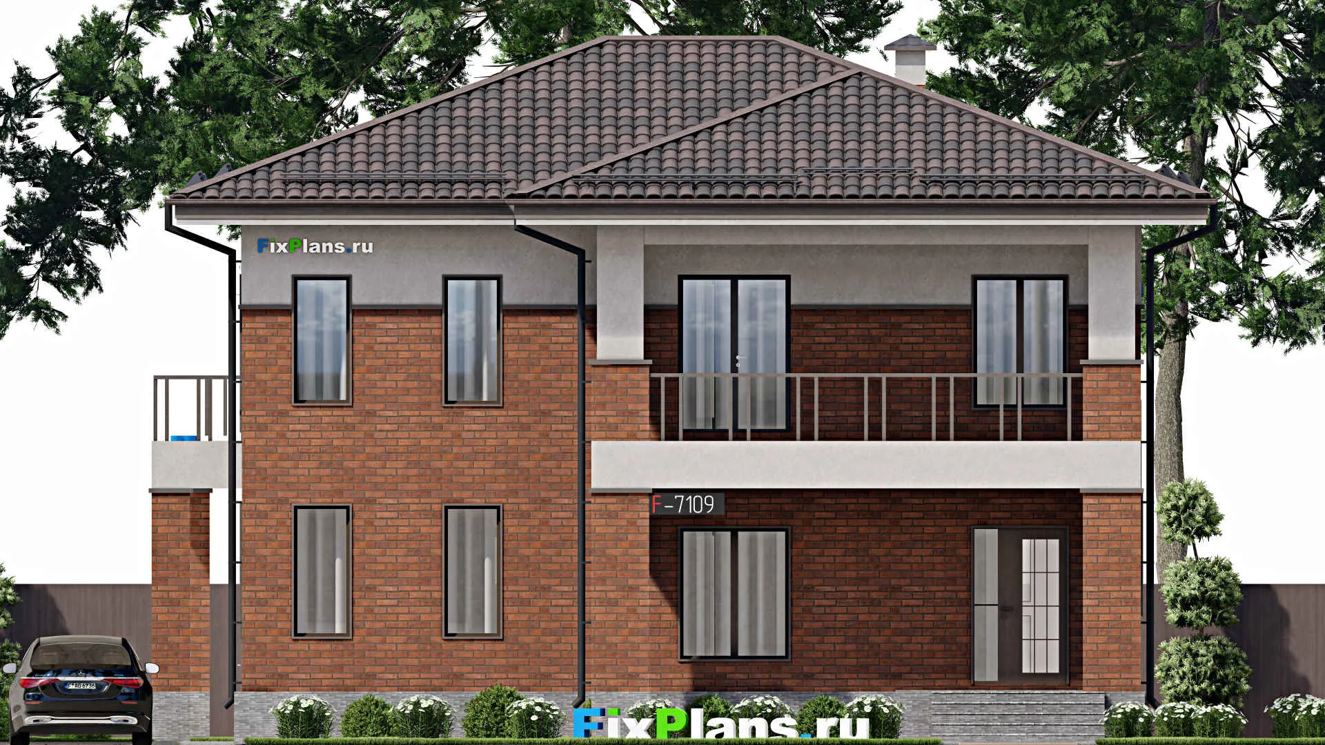 F-7109 - Планы двухэтажного дома 14 на 16, площадью 270 м² с террасой, балконом и 6 спальнями