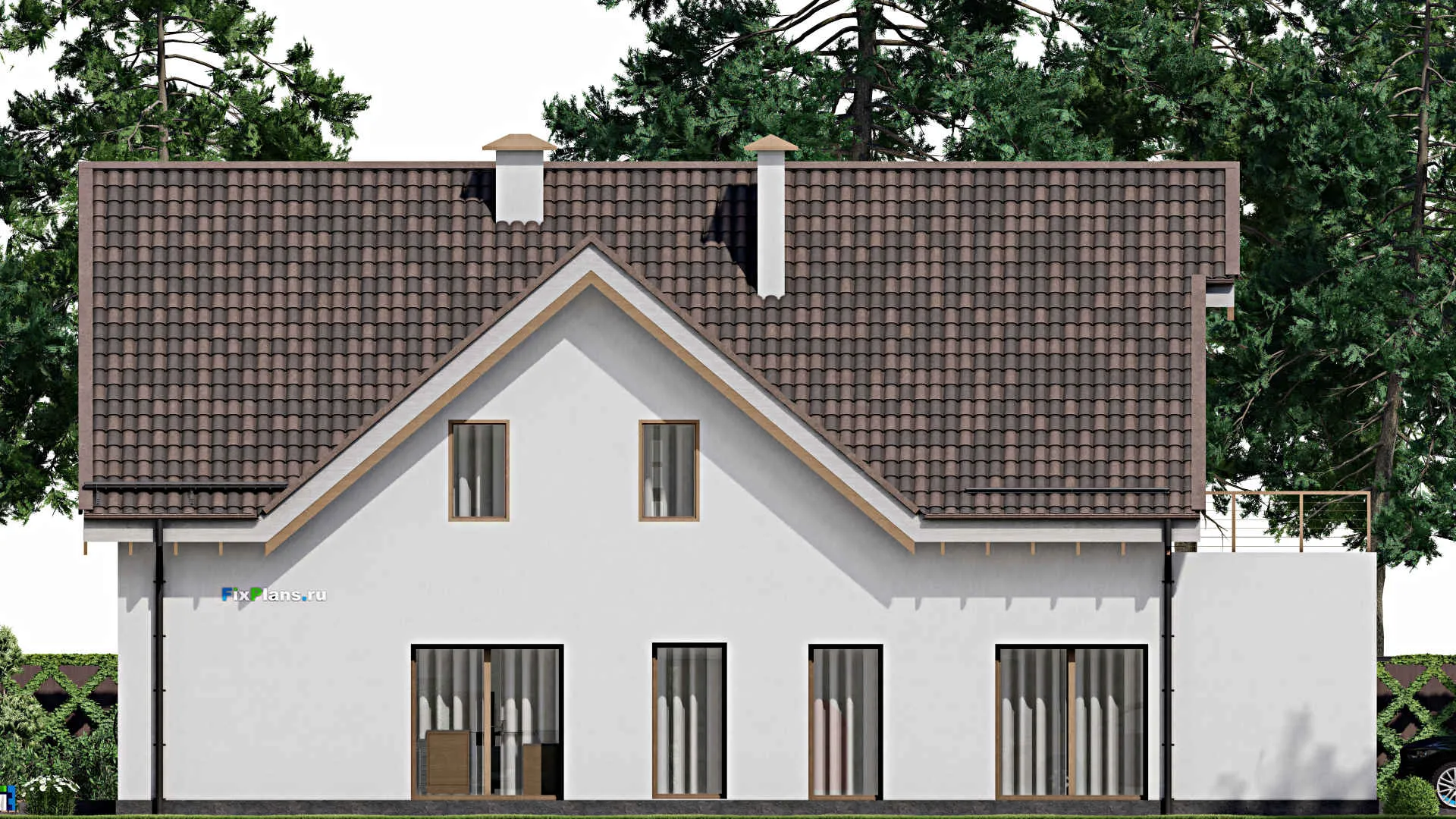 F-5732 - Планы дома с мансардой 11 на 20, площадью 240 м² с террасой, балконом, гаражом на 1 машину и 3 спальнями