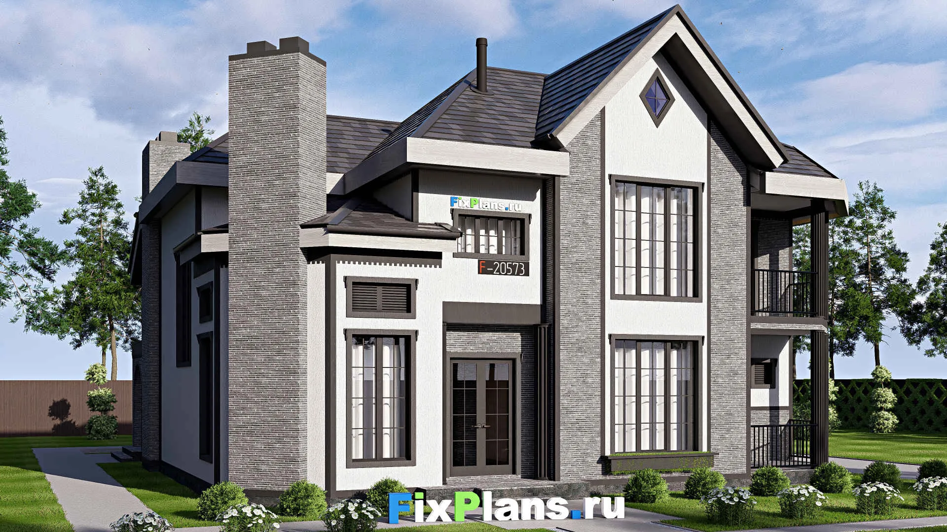 F-20573 - Проект двухэтажного дома 16 на 21, площадью 280 м² с террасой, балконом, гаражом на 2 машины и 4 спальнями