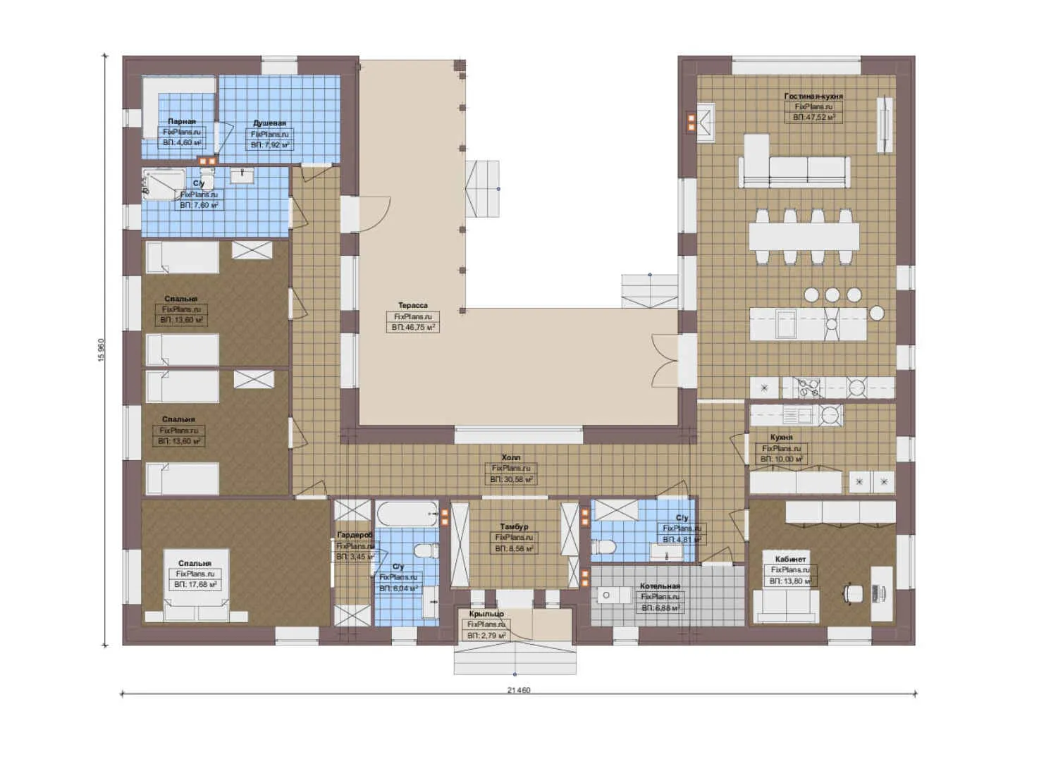 F-13895 - План одноэтажного дома 16 на 22, площадью 250 м² с террасой, баней и 3 спальнями