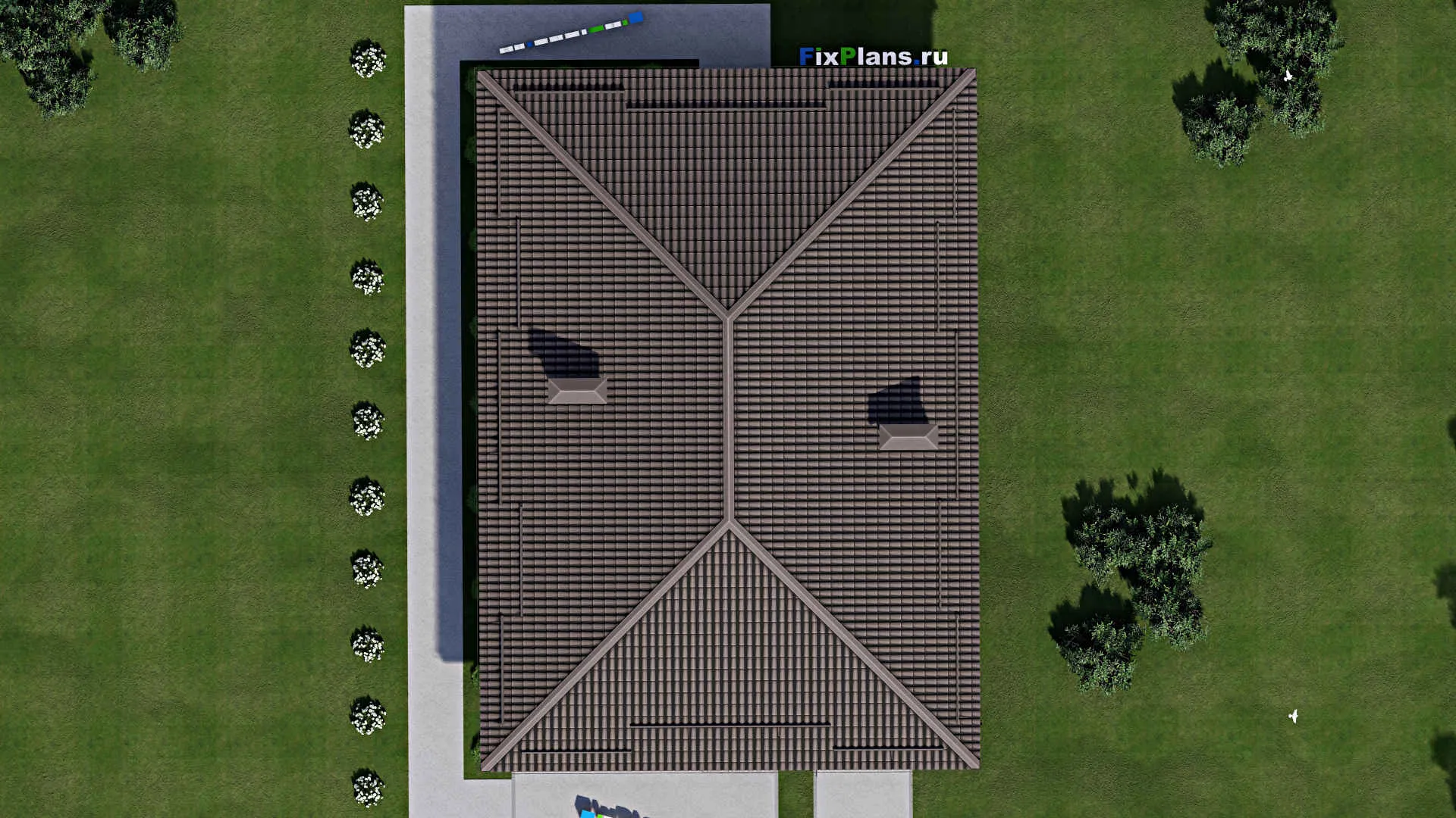 F-3311 - План одноэтажного дома 12 на 18, площадью 180 м² с террасой, гаражом на 1 машину и 3 спальнями