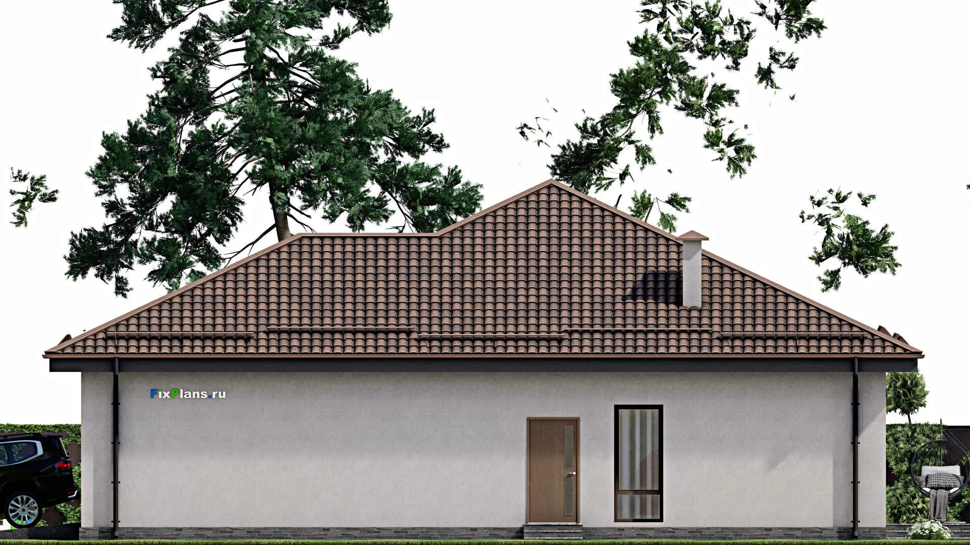 F-5723 - Проект одноэтажного дома 20 на 22, площадью 270 м² с террасой, гаражом на 2 машины и 3 спальнями