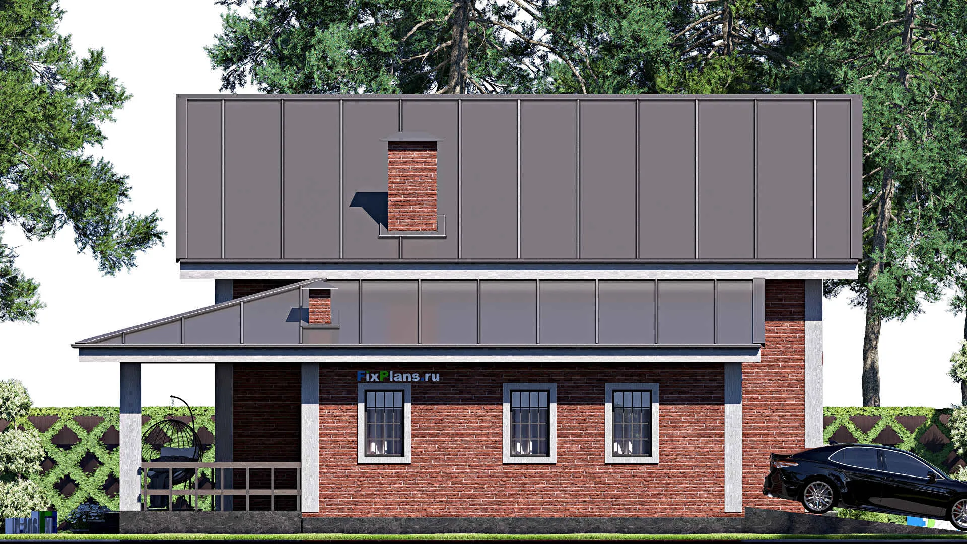 F-18071 - Проект дома с мансардой 14 на 14, площадью 200 м² с террасой, балконом, гаражом на 1 машину и 3 спальнями