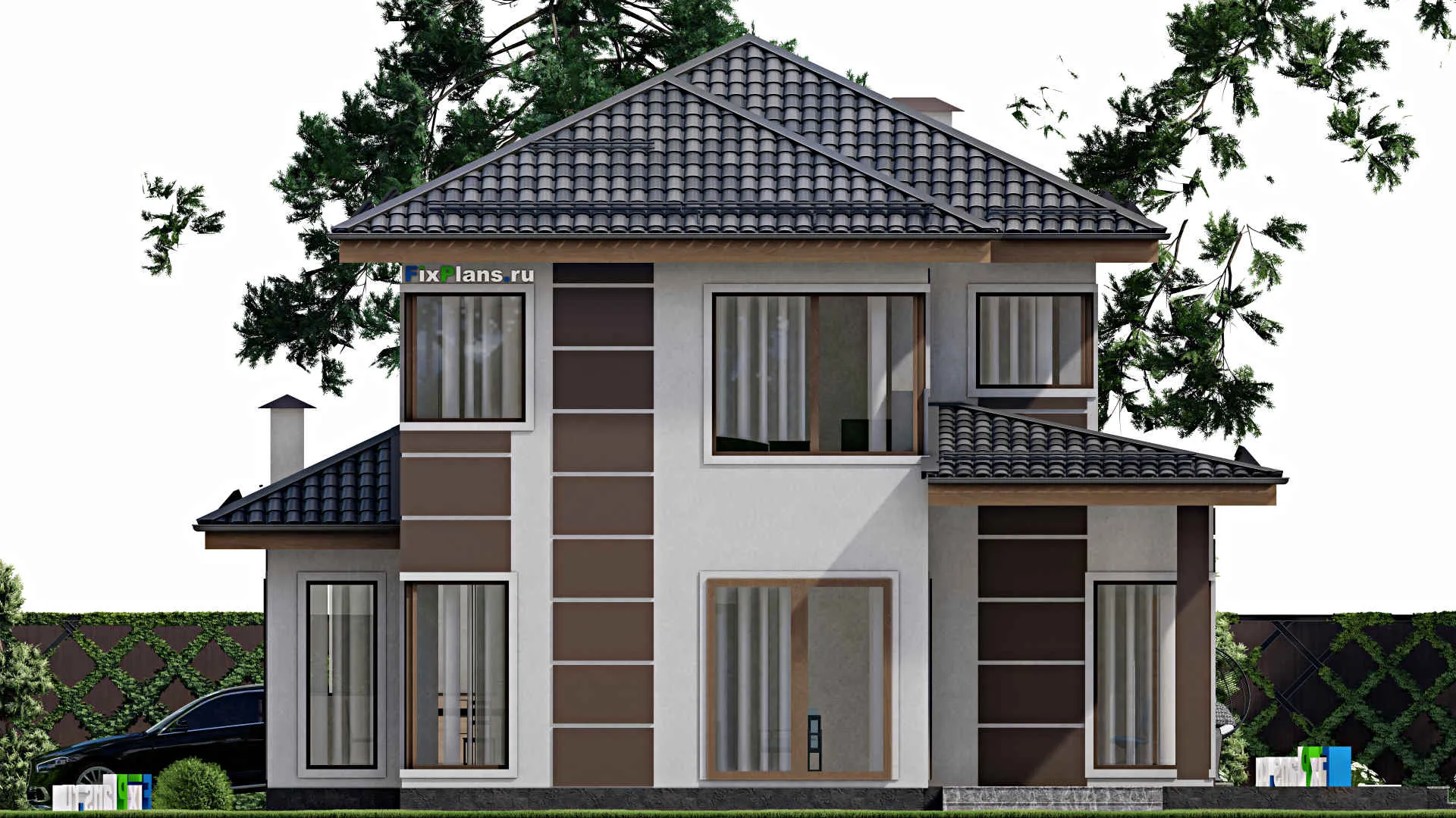 F-10241 - Проект двухэтажного дома 14 на 17, площадью 220 м² с террасой, гаражом на 1 машину и 3 спальнями