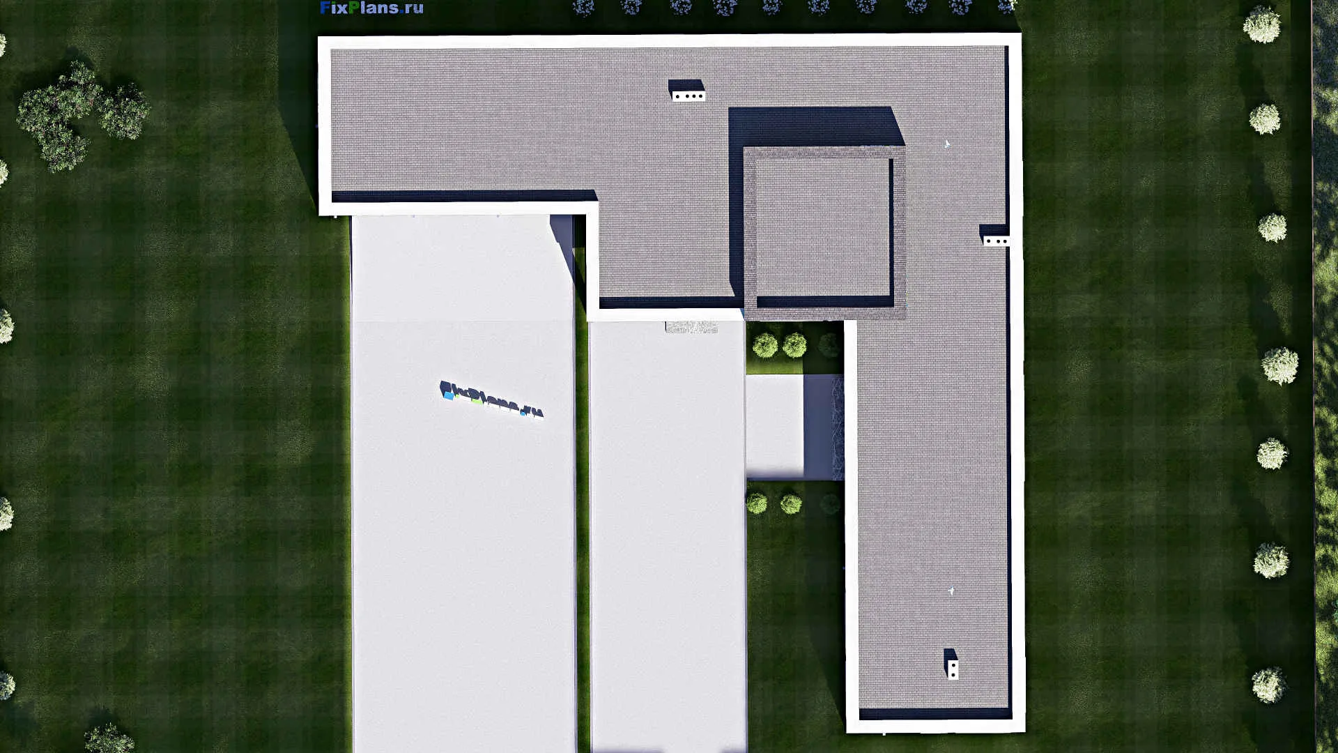 F-18908 - План одноэтажного дома 28 на 28, площадью 310 м² с террасой, баней, гаражом на 2 машины и 3 спальнями
