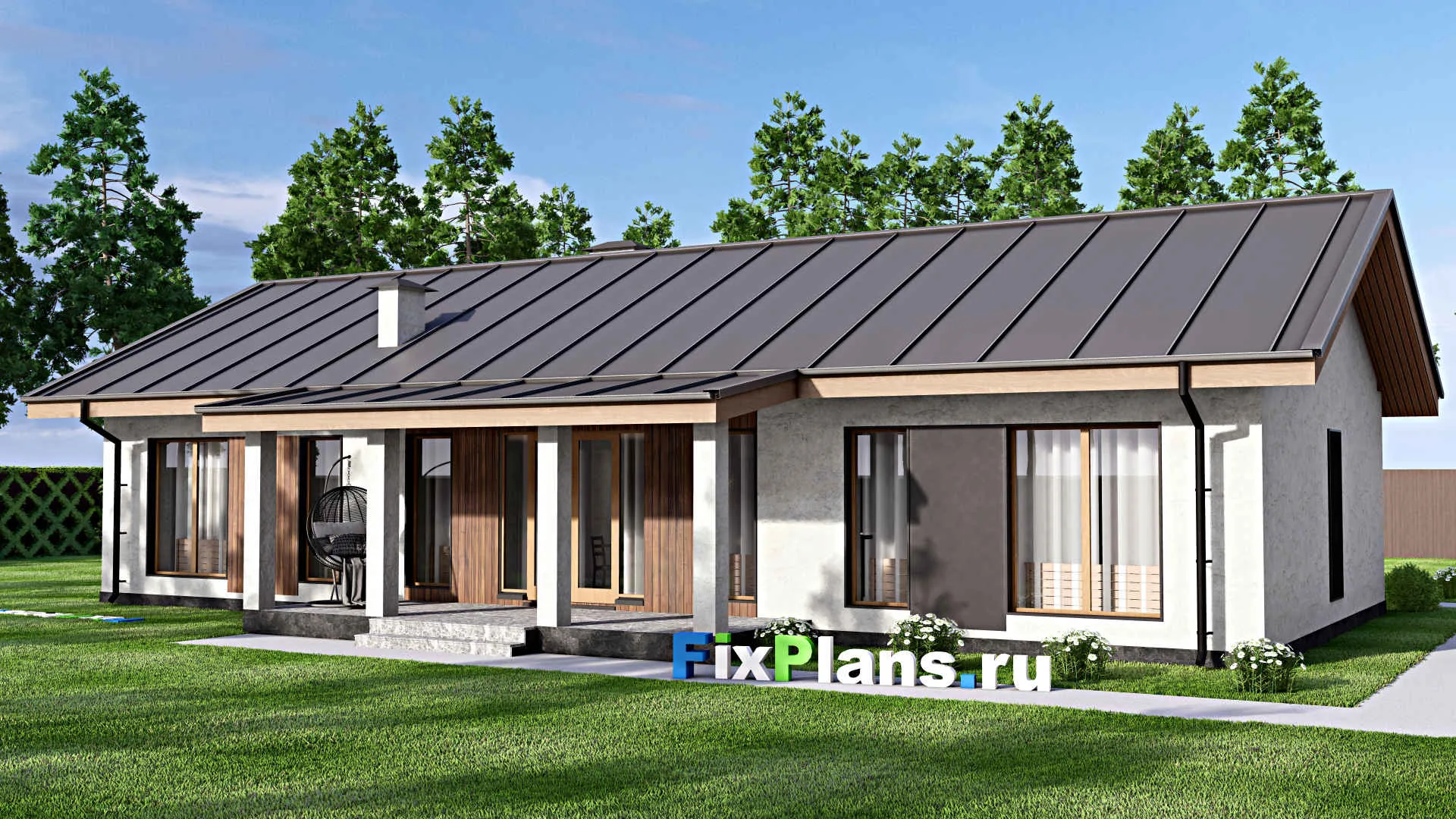 F-13931 - Проект одноэтажного дома 12 на 20, площадью 160 м² с террасой и 3 спальнями