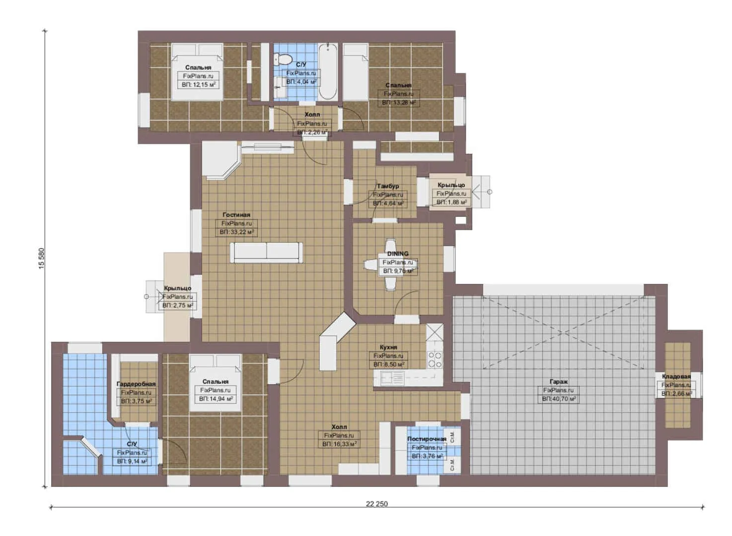 F-20177 - План одноэтажного дома 16 на 23, площадью 190 м² с гаражом на 2 машины и 3 спальнями