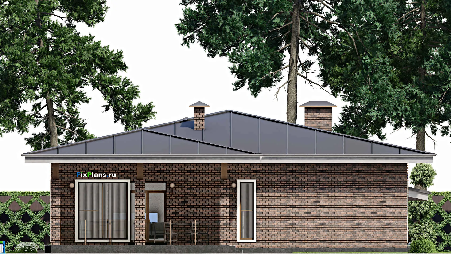 F-12329 - Проект одноэтажного дома 14 на 26, площадью 250 м² с террасой и 3 спальнями