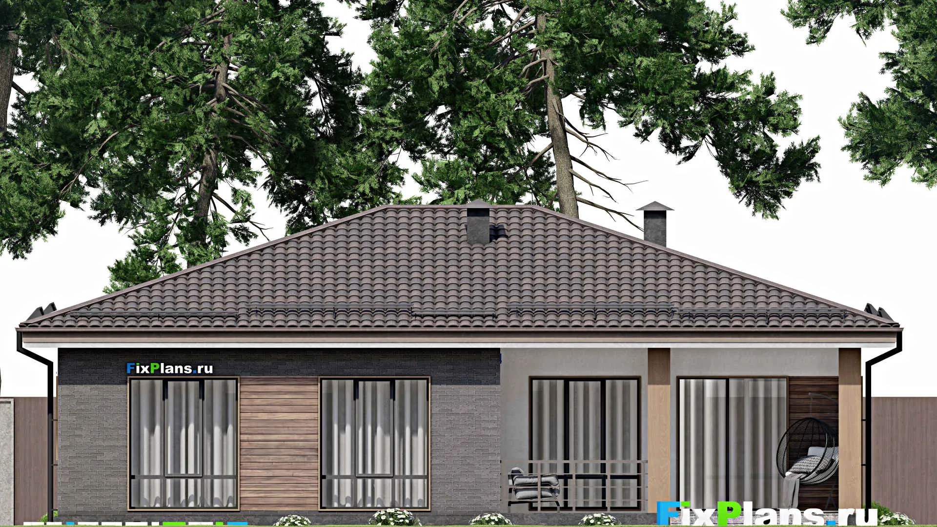 F-6929 - Проект одноэтажного дома 14 на 15, площадью 140 м² с террасой и 3 спальнями