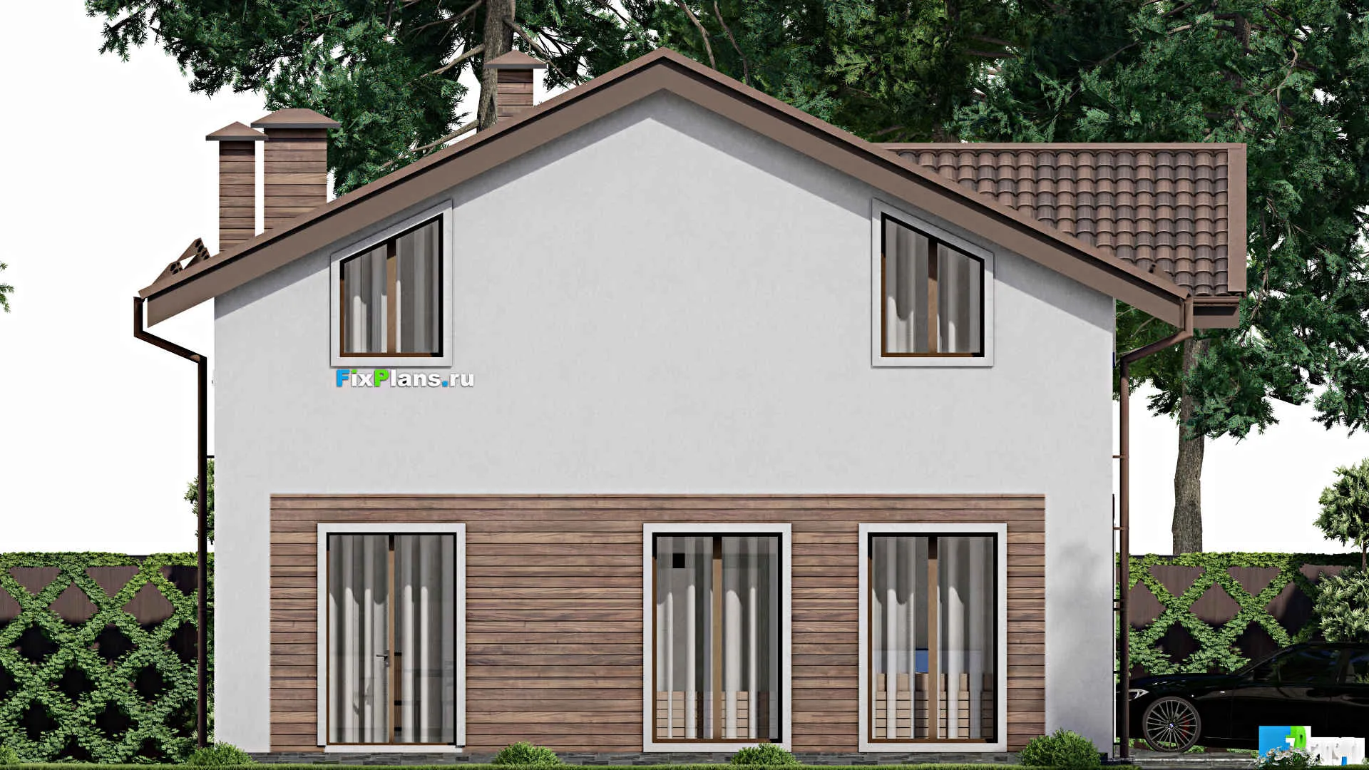 F-9125 - Планы дома с мансардой 12 на 13, площадью 180 м² с террасой, гаражом на 1 машину и 4 спальнями