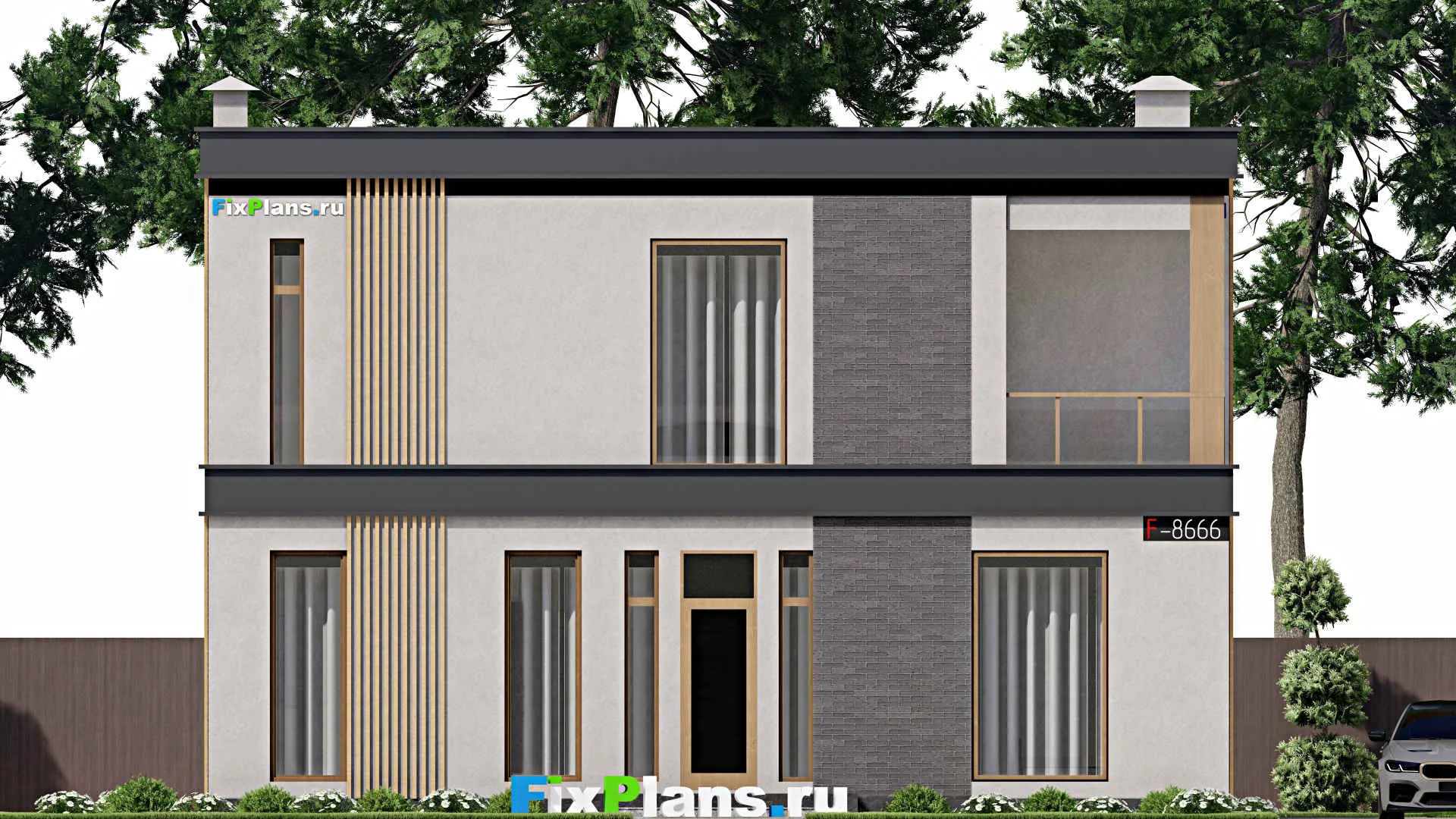 F-8666 - Планы двухэтажного дома 12 на 12, площадью 230 м² с террасой, балконом и 4 спальнями