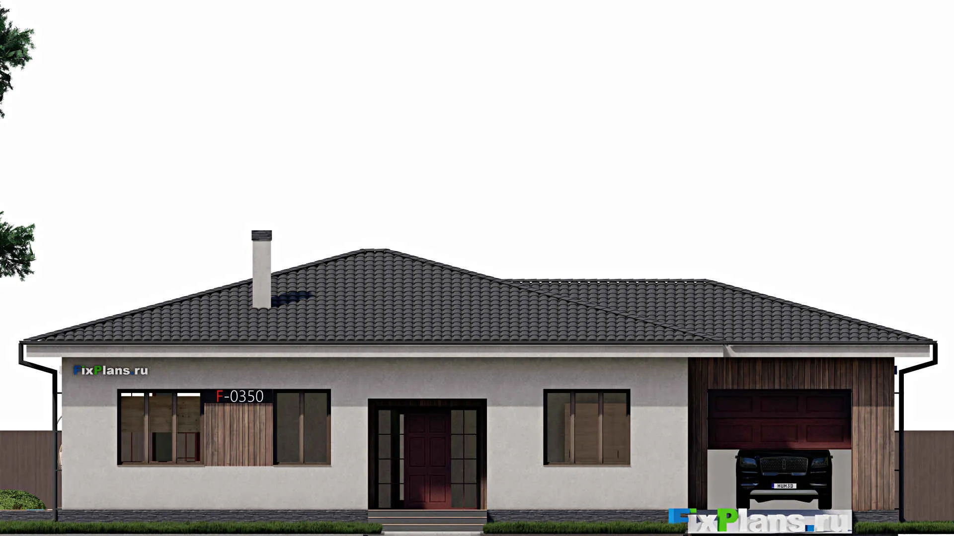 F-0350 - Проект одноэтажного дома 13 на 18, площадью 220 м² с террасой, гаражом на 1 машину и 3 спальнями