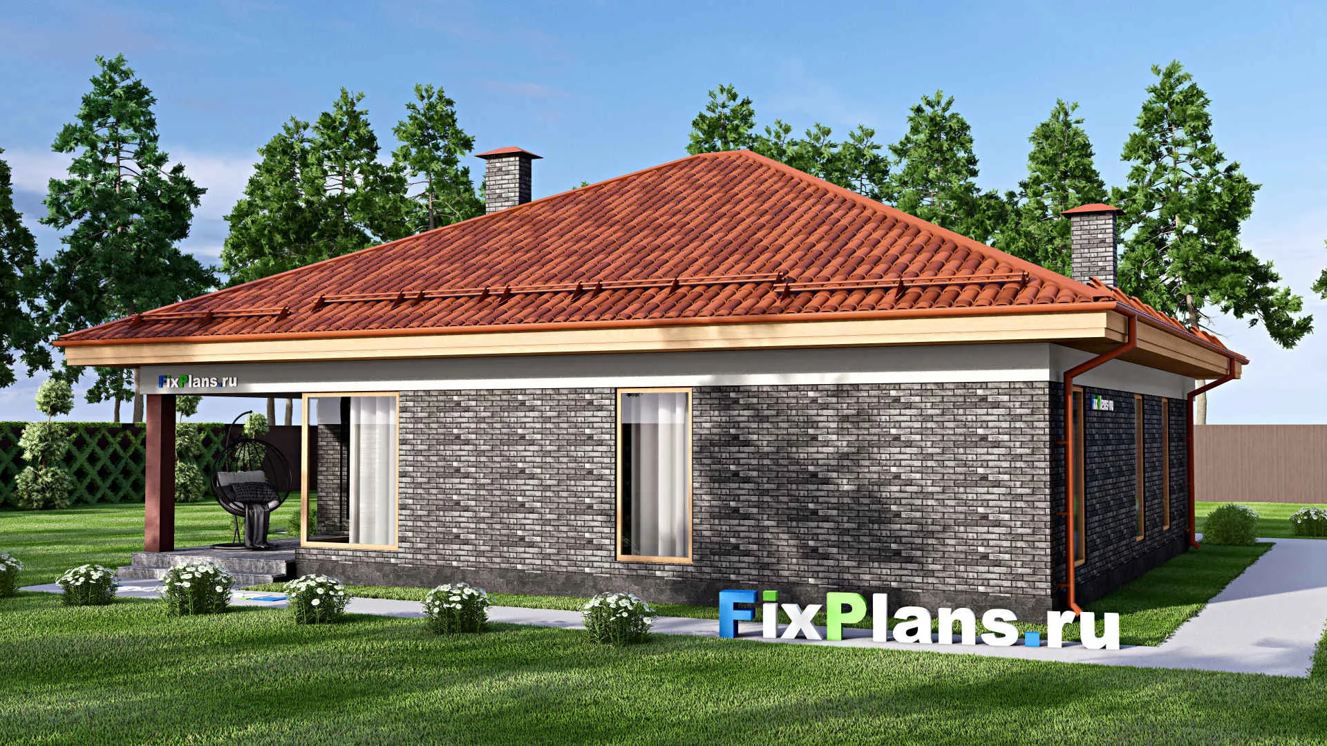 F-15821 - Проект одноэтажного дома 13 на 14, площадью 150 м² с террасой и 4 спальнями