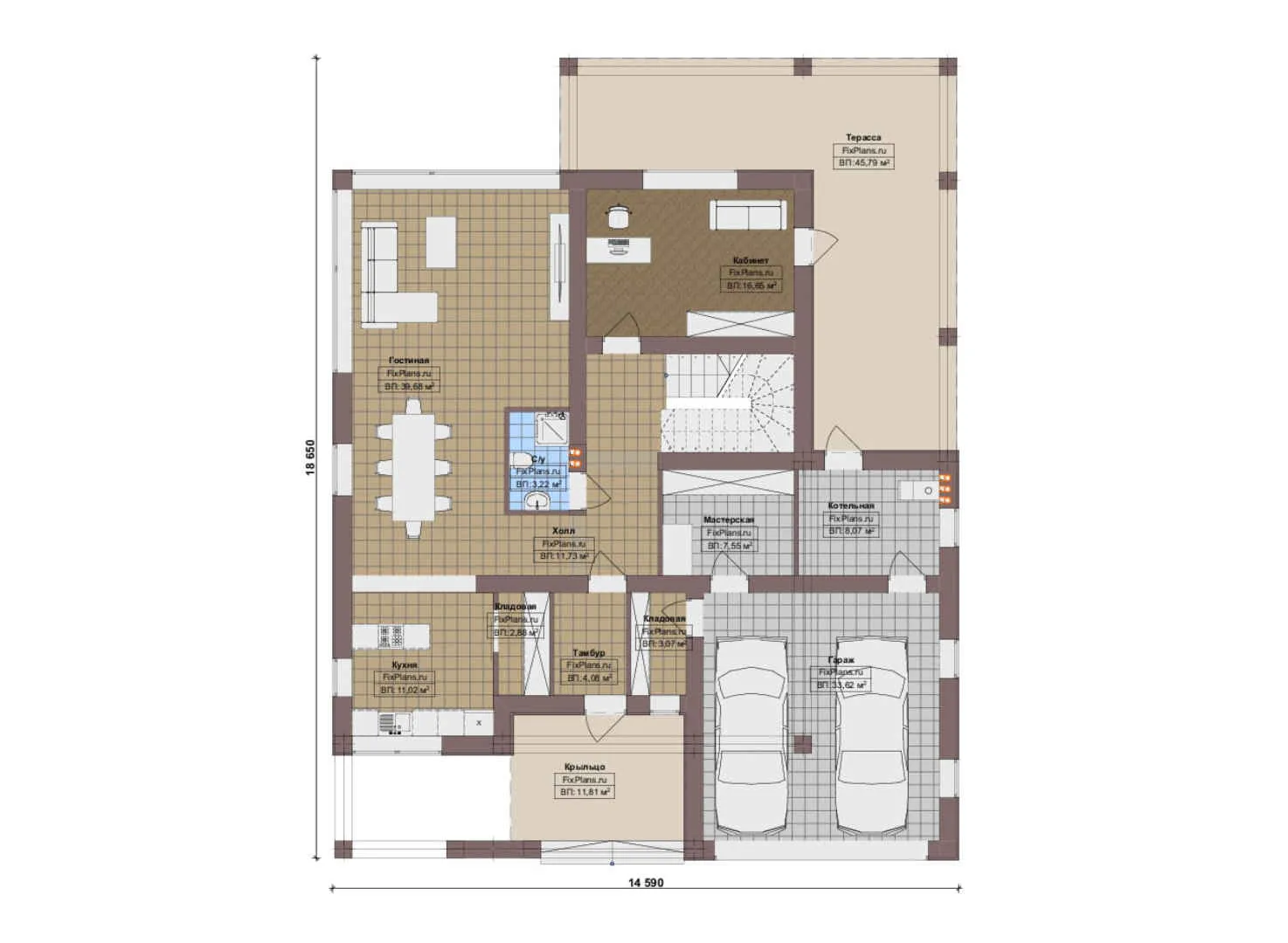 F-16226 - Планы двухэтажного дома 15 на 19, площадью 380 м² с террасой, балконом, гаражом на 1 машину, спортзалом и 3 спальнями