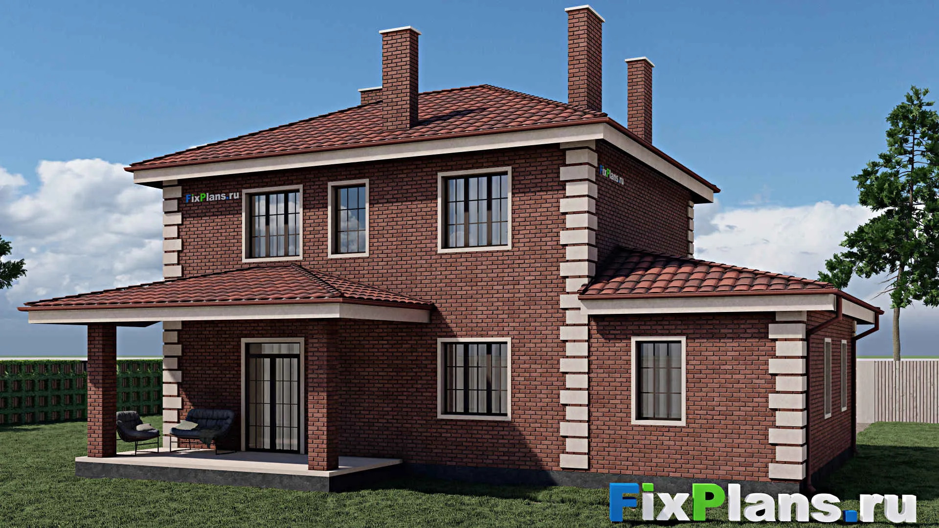 F-0593 - Планы двухэтажного дома 10 на 14, площадью 170 м² с террасой, гаражом на 1 машину и 5 спальнями