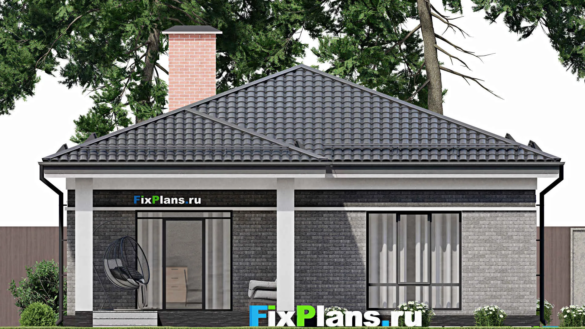 F-2528 - Проект одноэтажного дома 11 на 11, площадью 110 м² с террасой и 3 спальнями