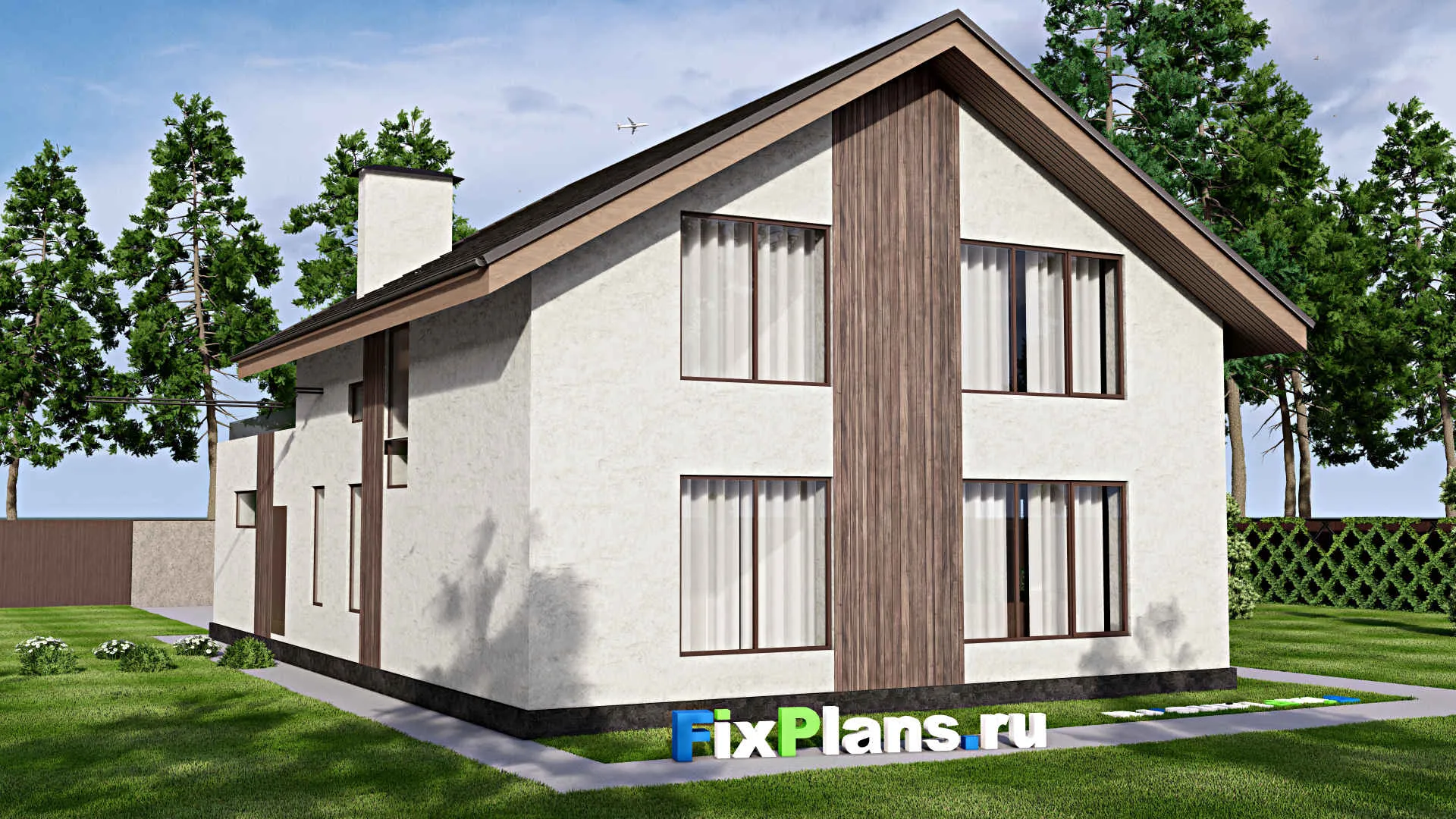 F-13256 - Проект дома с мансардой 11 на 17, площадью 240 м² с террасой, гаражом на 1 машину и 4 спальнями