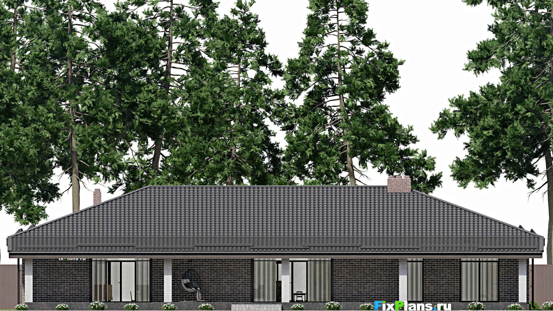 F-4364 - План одноэтажного дома 20 на 26, площадью 440 м² с террасой, баней, гаражом на 2 машины и 3 спальнями